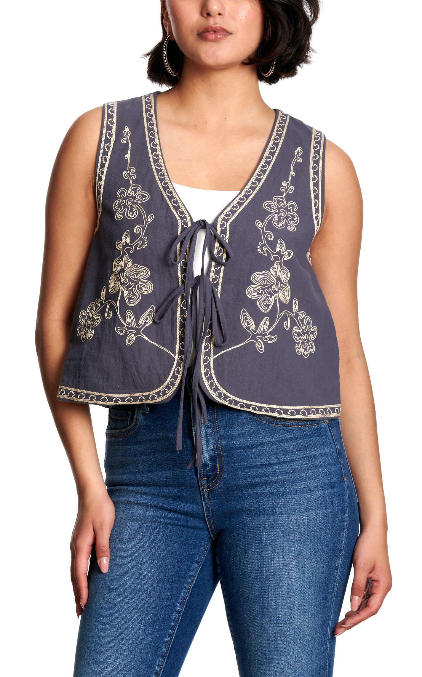 Rockin' C Women’s Slate Blue Embroidered Tie-Front Vest - Image 1