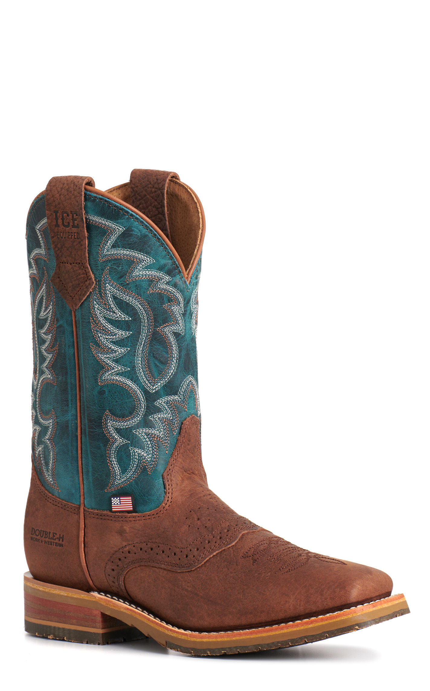 Double H Men’s Brown & Turquoise Square Toe Cowboy Boots - Image 1