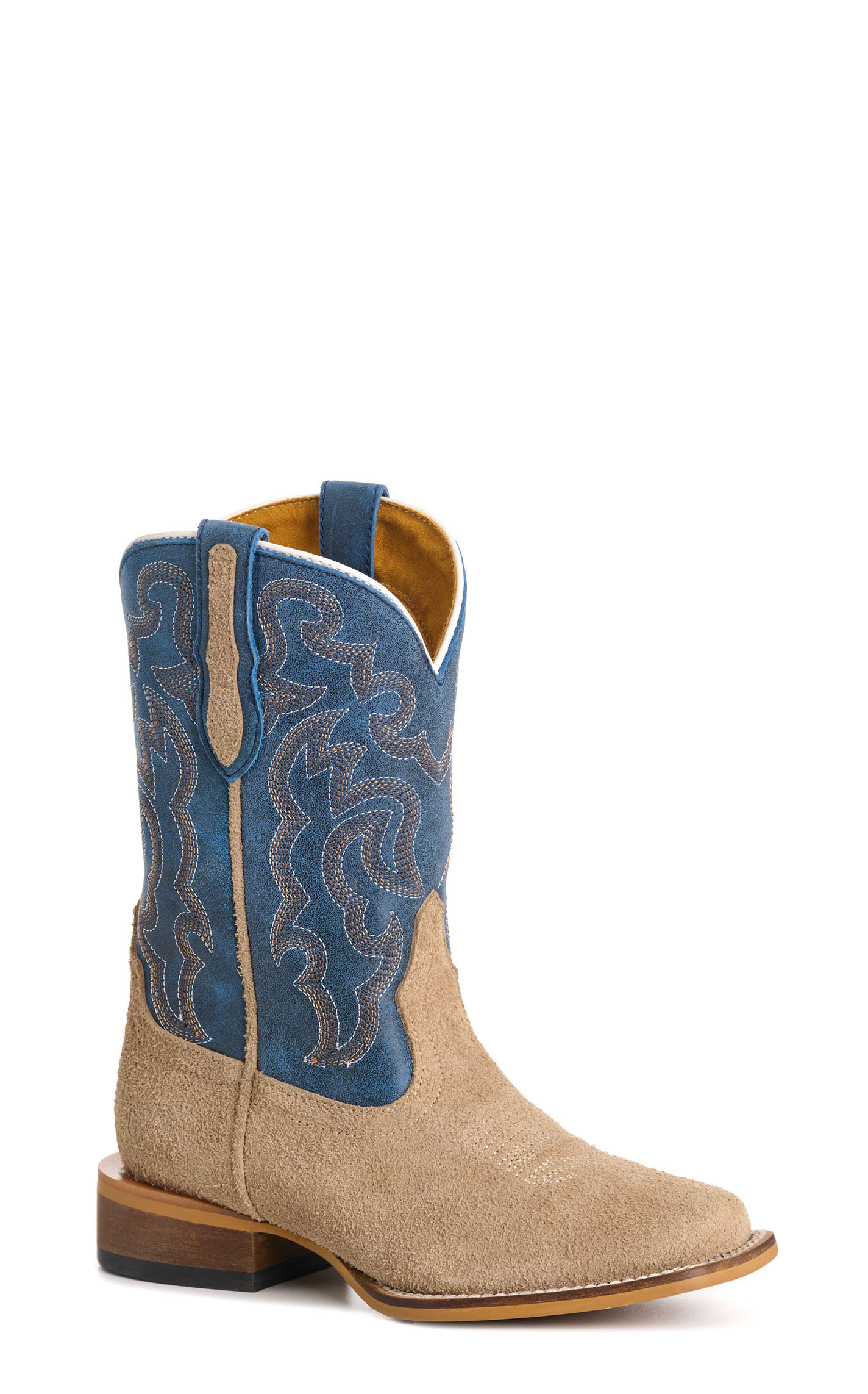 Cavender’s Kid’s Bone Roughout Suede and Blue Square Toe Cowboy Boots - Image 1