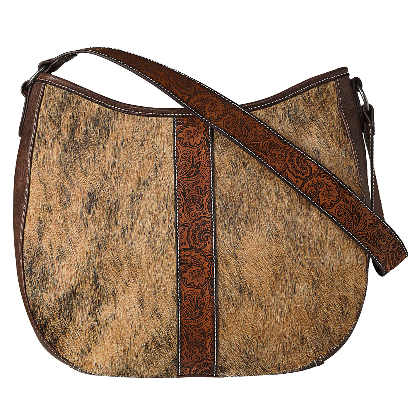 Nocona Brown and Tan Emmy Tooled Leather and Hair On Cowhide Shoulder Bag - Image 1