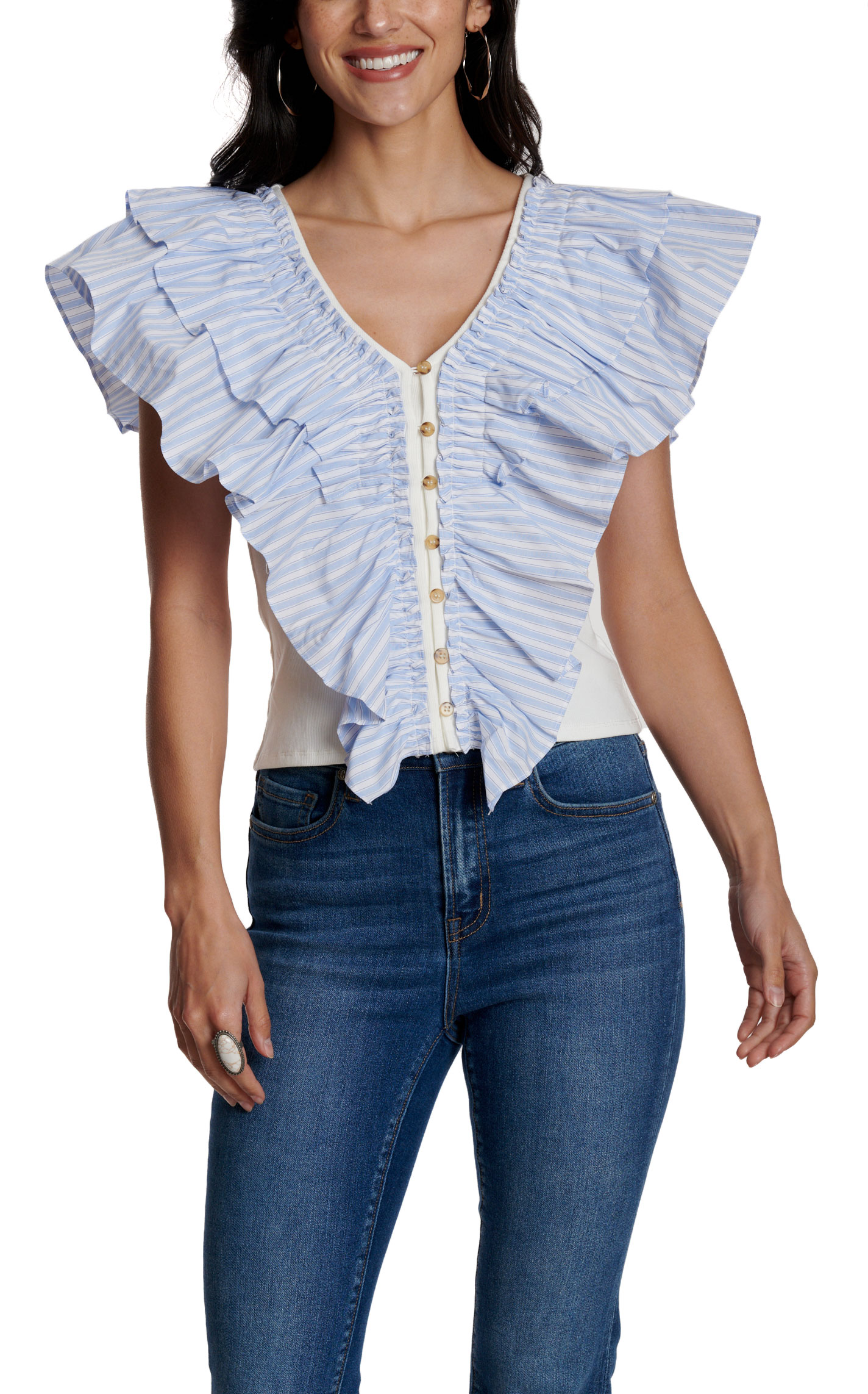 Rockin C Women's White & Blue Striped Ruffle Top - Image 3