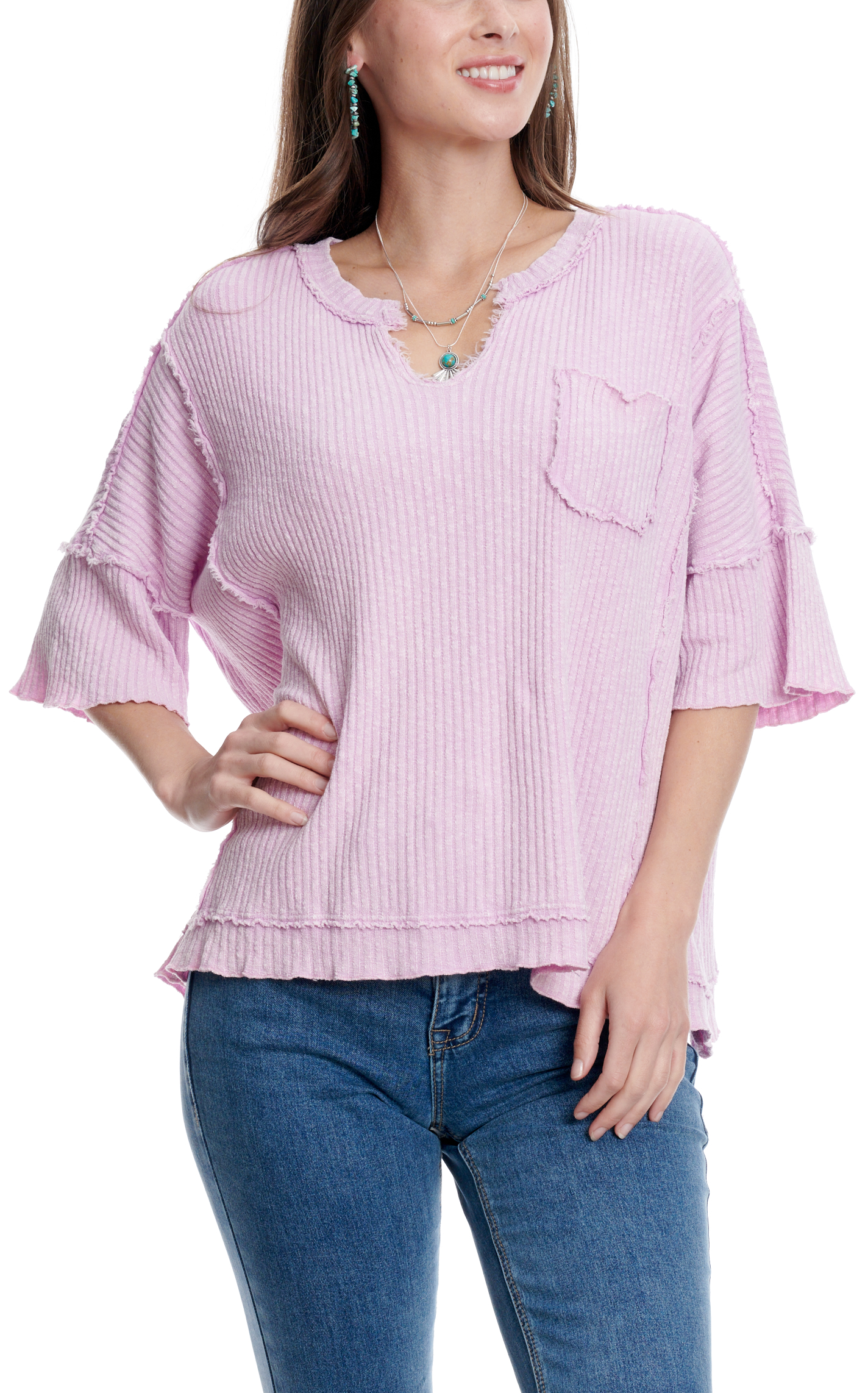 EASEL Women's Lilac Ribbed Notch Neck Top - Image 1