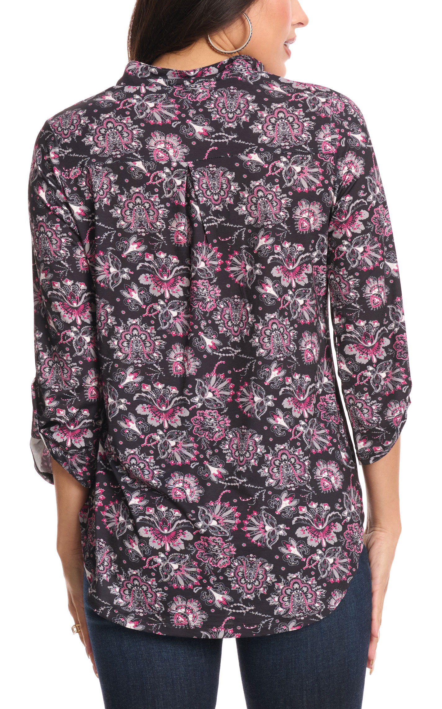 Cowgirl Hardware Women's Black & Raspberry Peacock Paisley Hi-Lo Top - Image 1