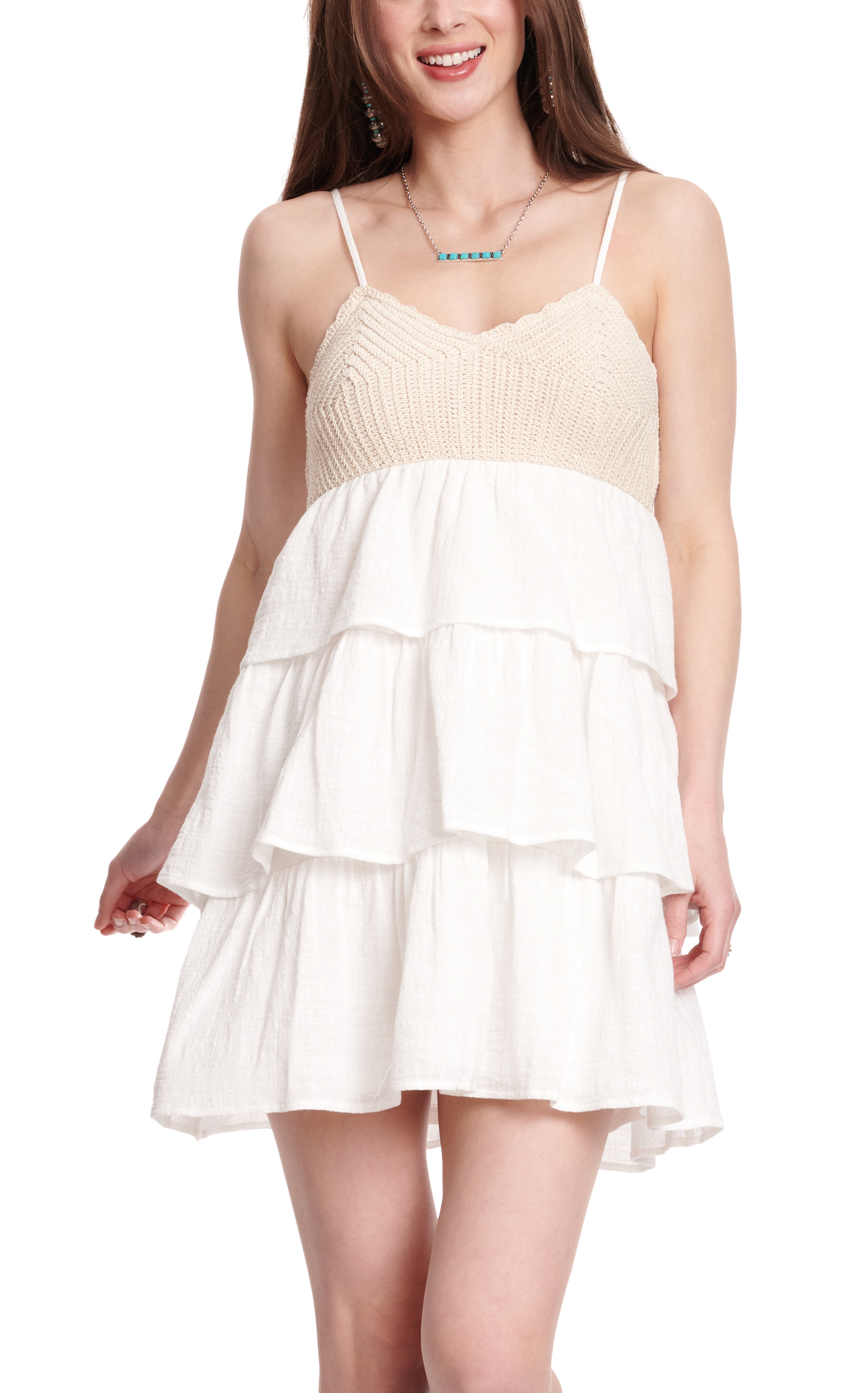 Yura Women's Sand Crocheted & White Tiered Dress - Image 1