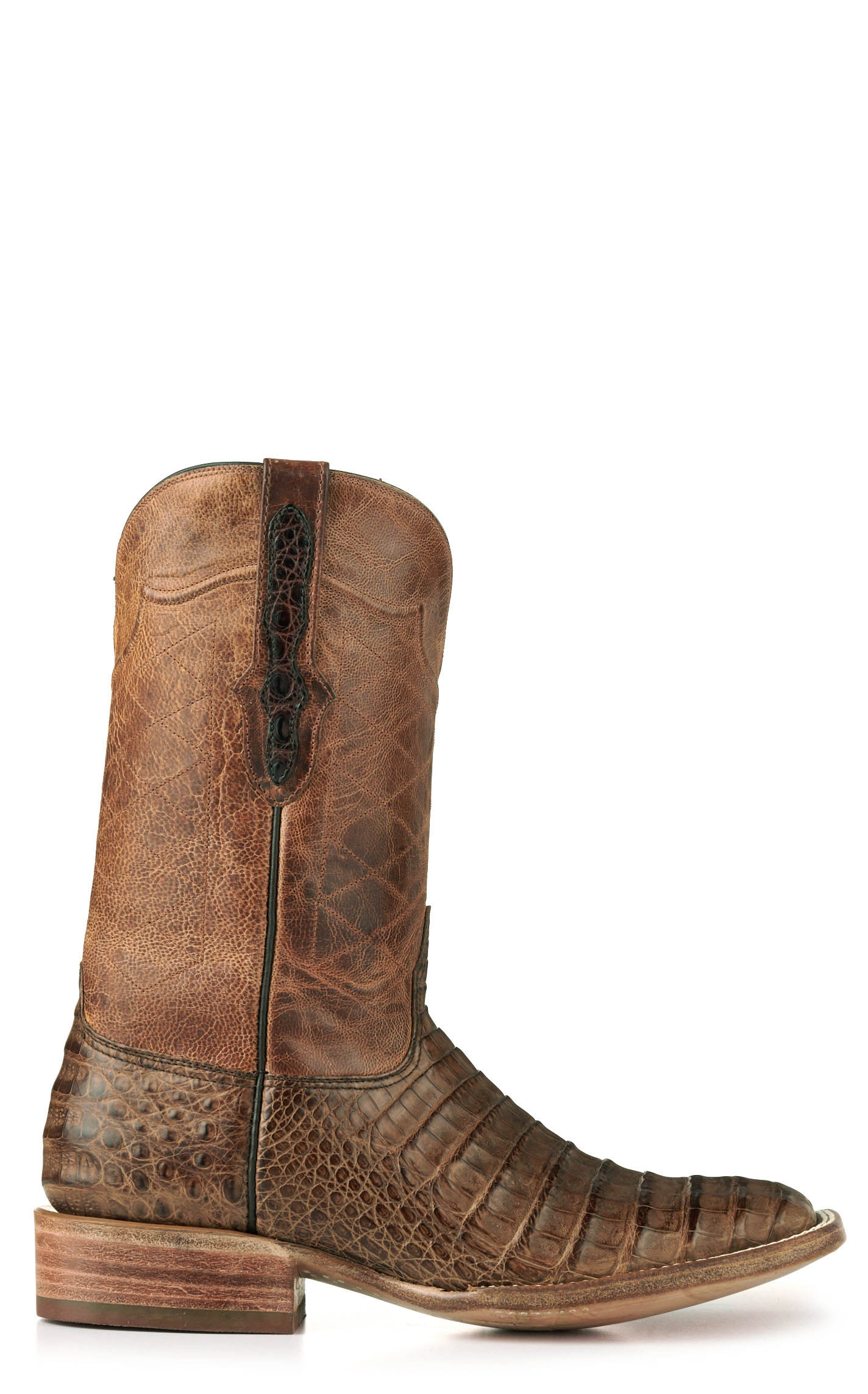 Black Jack Men's Coyote Tan and Burnished Glossy Cigar Caiman Wide Square Toe Exotic Cowboy Boots - Image 1
