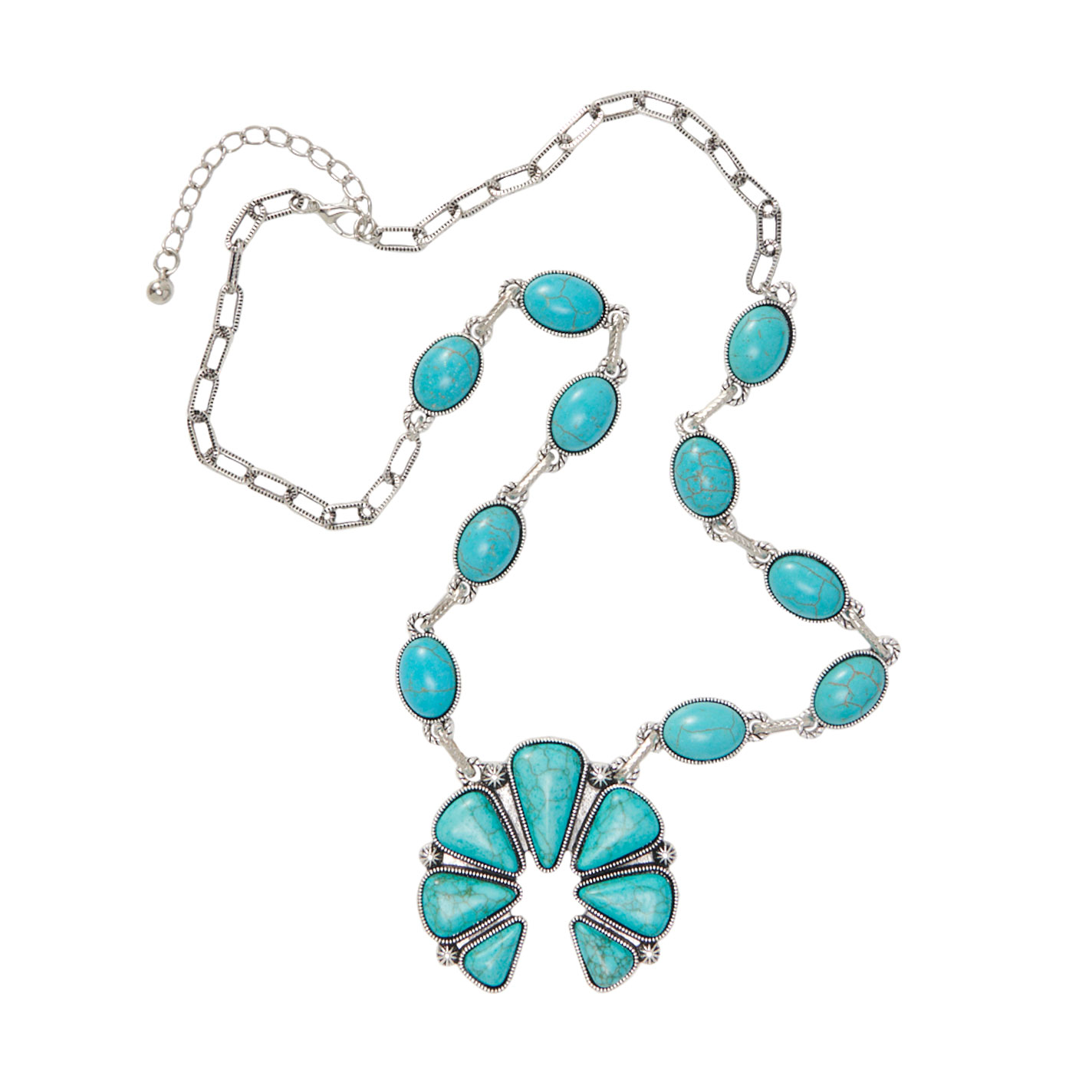 Southern Grace Silver & Turquoise Squash Blossom Teardrop Necklace - Image 1