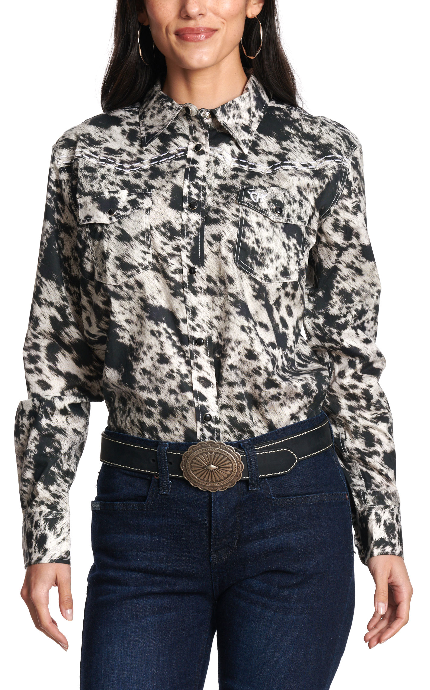 Cowgirl Hardware Women’s Black and White Cowhide Western Shirt - Image 1