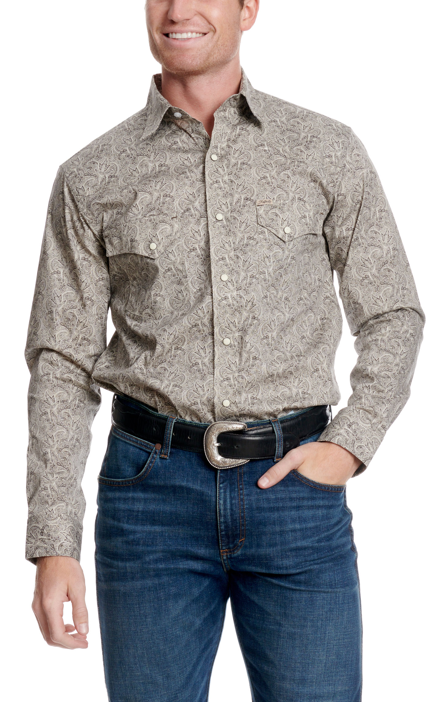 Rockin C Men's ProFlex45 Black & White Paisley Western Shirt - Image 1