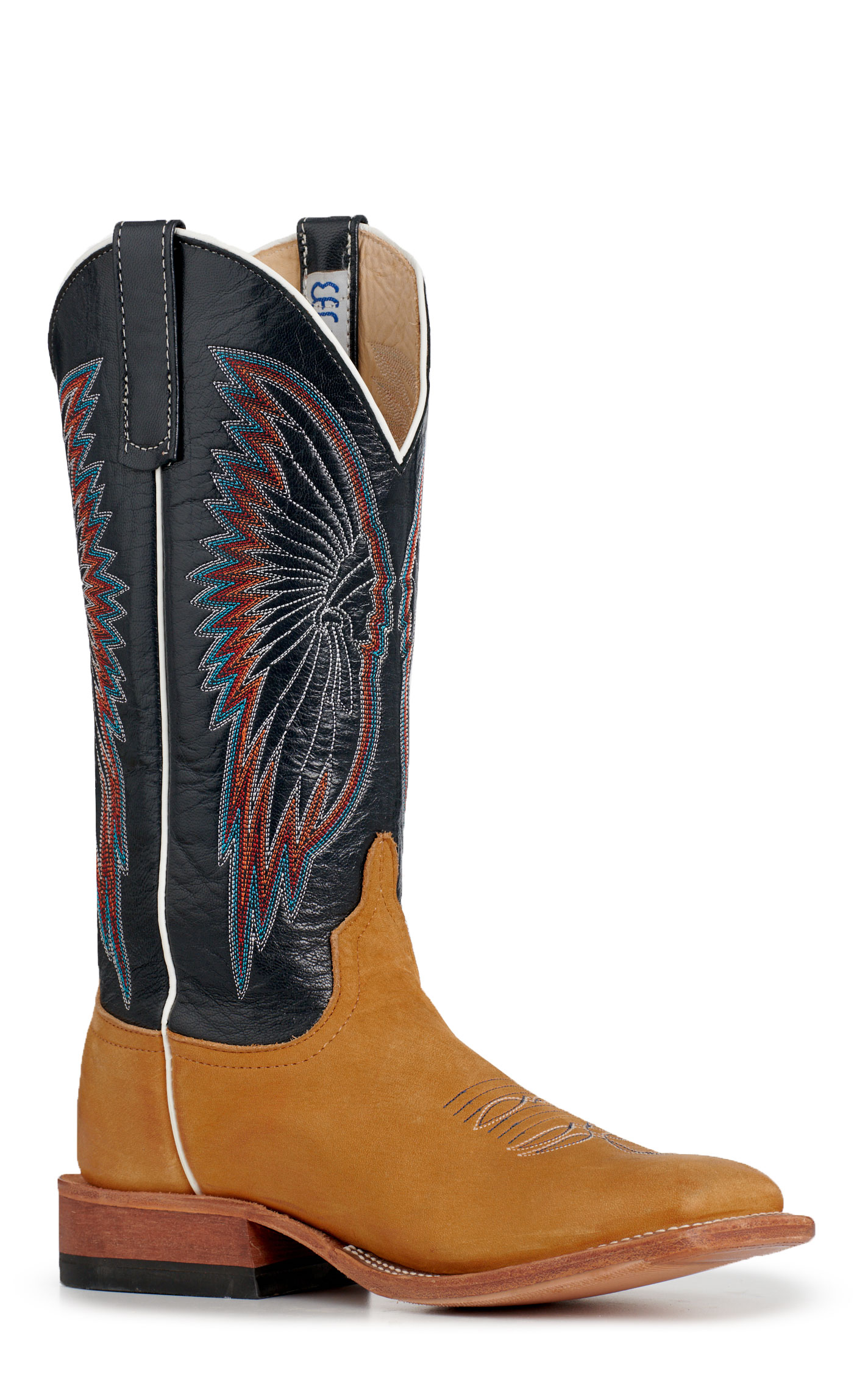 Anderson Bean Men's Crazy Horse Rust & Navy Kidskin Wide Square Toe Cowboy Boots - Image 1