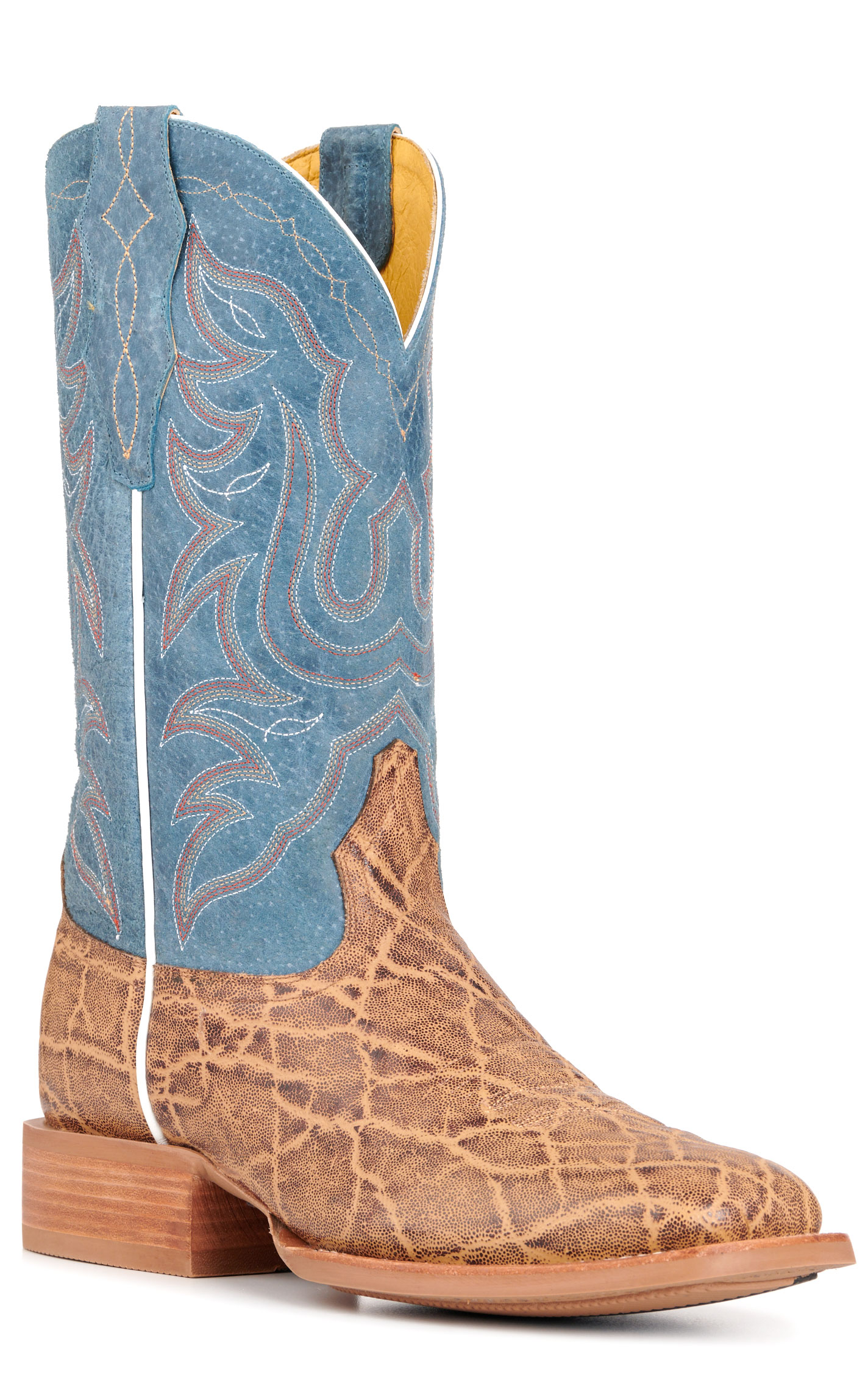 Cavender's Men's Intrepid Tan Elephant Print and Blue Wide Square Toe Cowboy Boots - Image 1