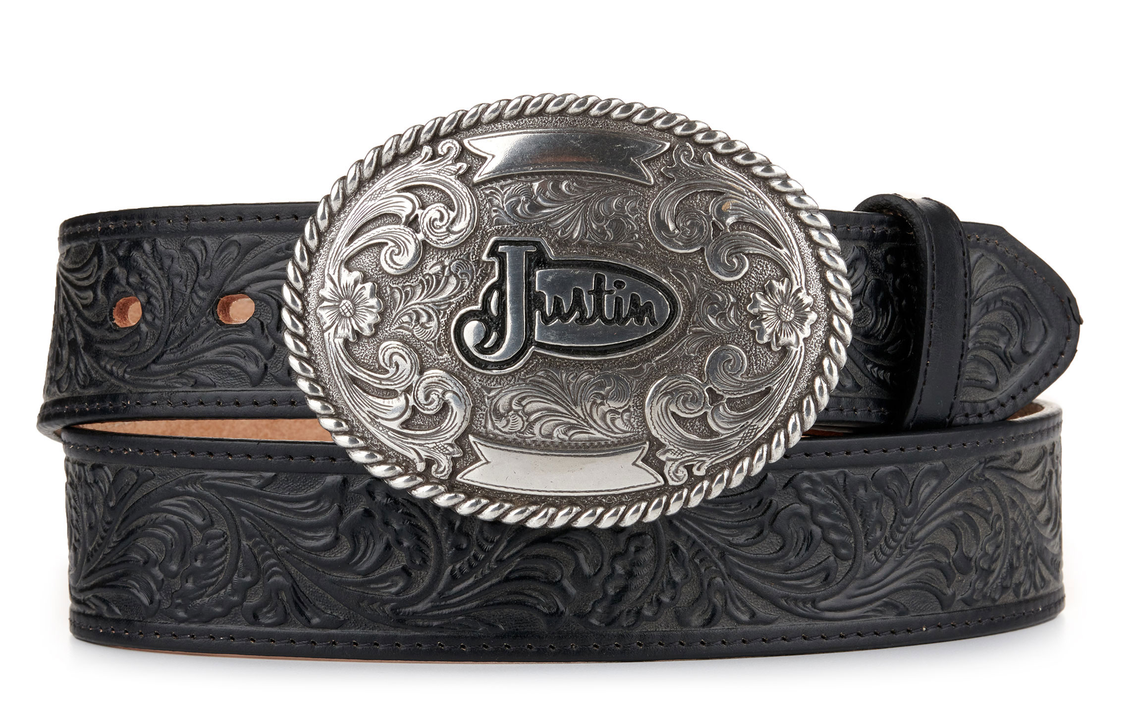 Justin Men's Black Tooled Leather with Silver Justin Logo Buckle Western Belt - Image 1