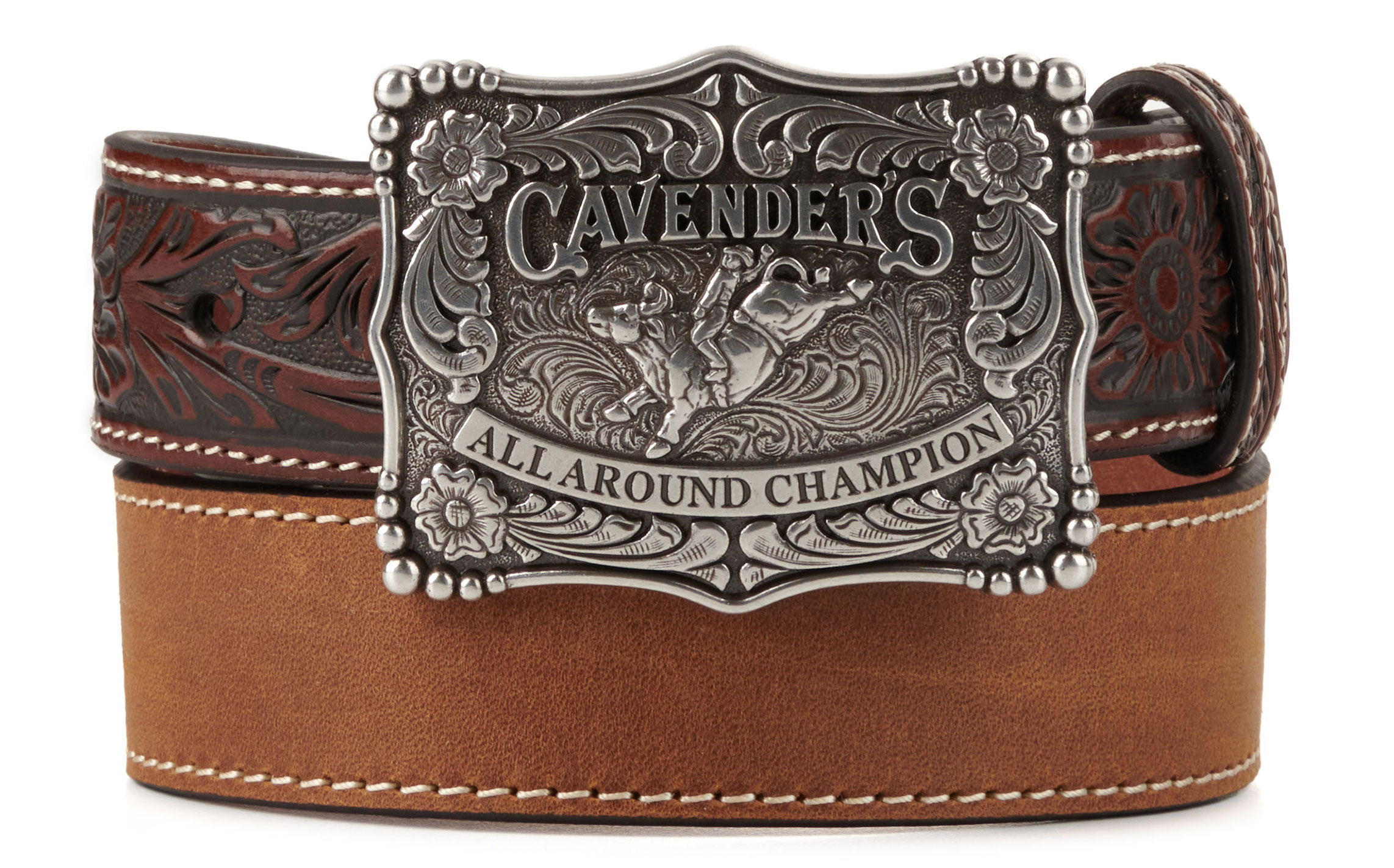 Cavender's Kid's Tan and Mahogany Floral Tooling Silver Champion Etched Buckle on Western Belt - Image 1