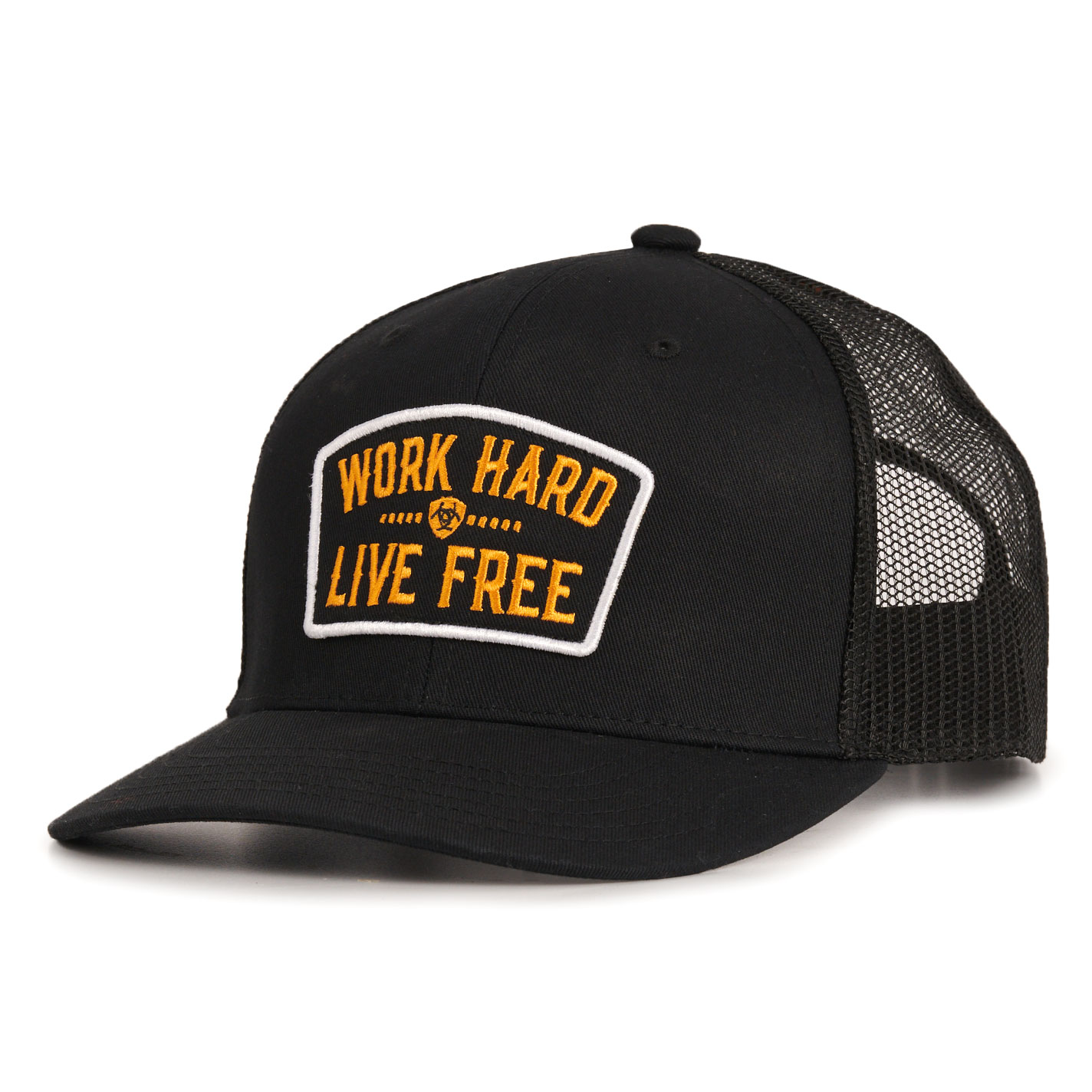 Ariat Black Curved Bill ‘Work Hard Live Free’ Patch Cap - Image 1