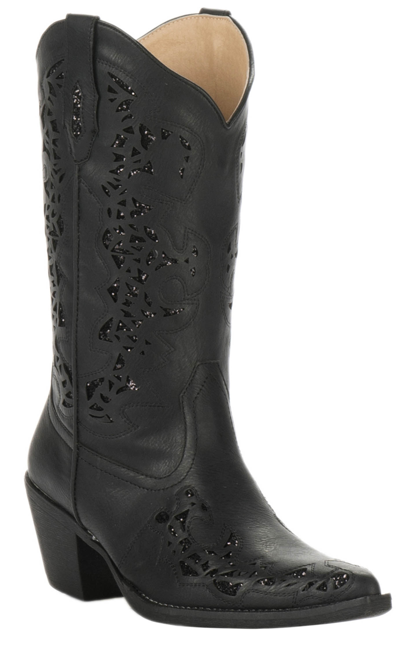 Roper Women's Black Faux Leather with Black Metallic Inlay Snip Toe Cowboy Boot - Image 1
