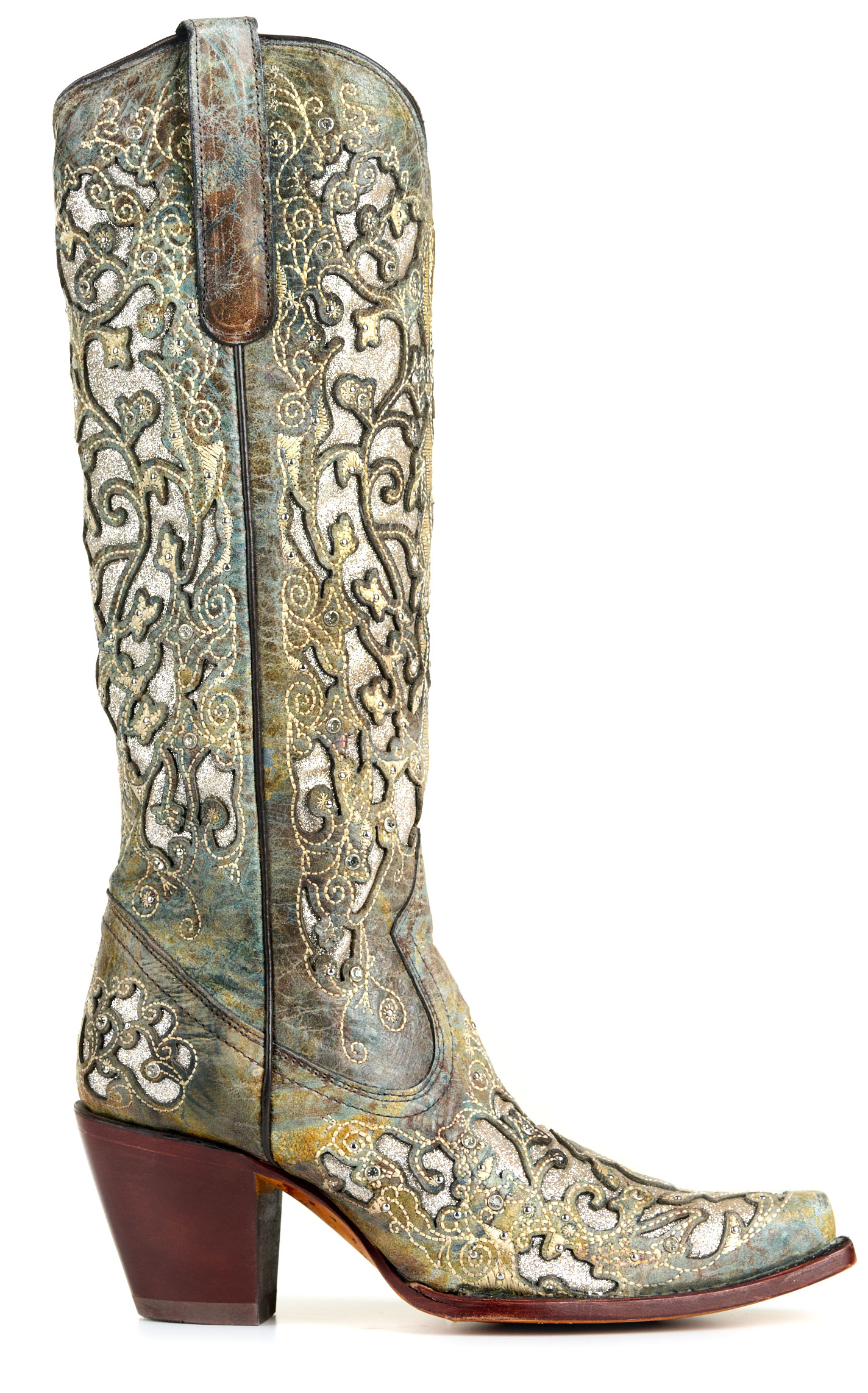 Corral Women's Distressed Brown with Glitter Inlay Snip Toe Cowboy Boots - Image 1