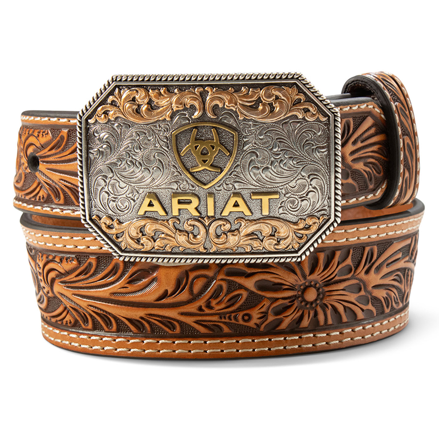 Ariat Boy's Etched Buckle Leather Floral Tooled Belt - Image 1
