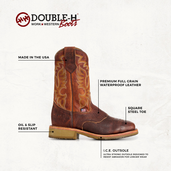 Double H Men's Cognac Bison Comp Wide Square Toe Work Boots - Image 1