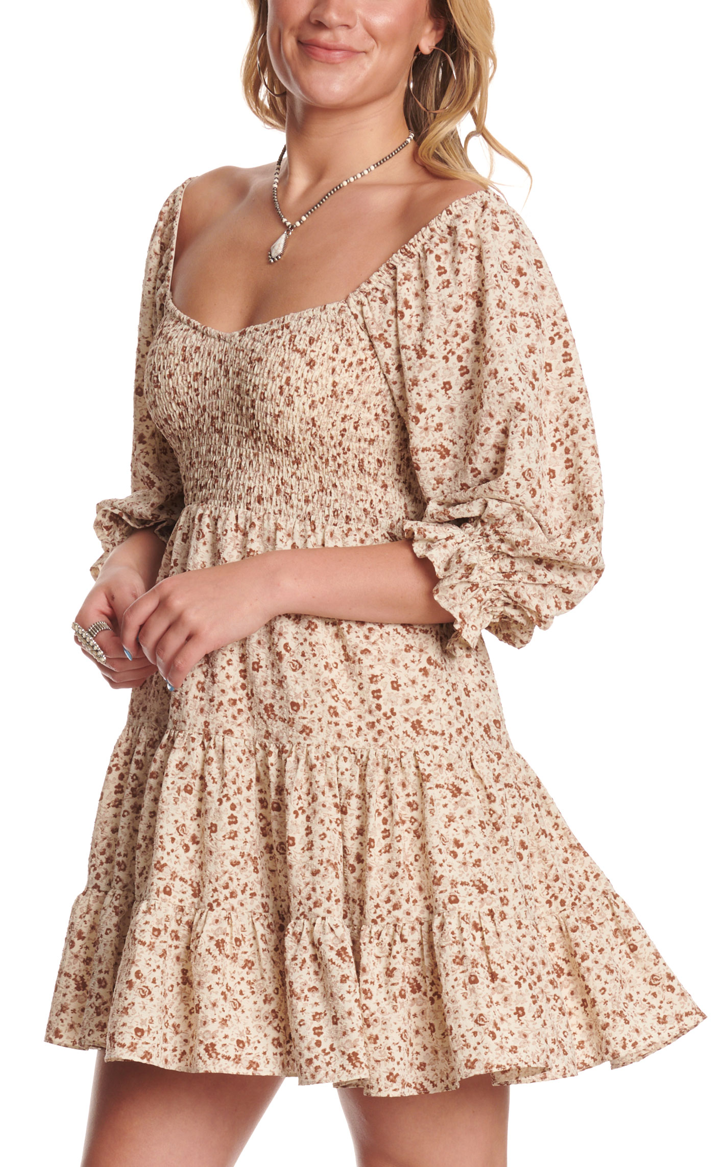 Yura Women's Cream Floral Smocked Top Ruffle Dress - Image 1