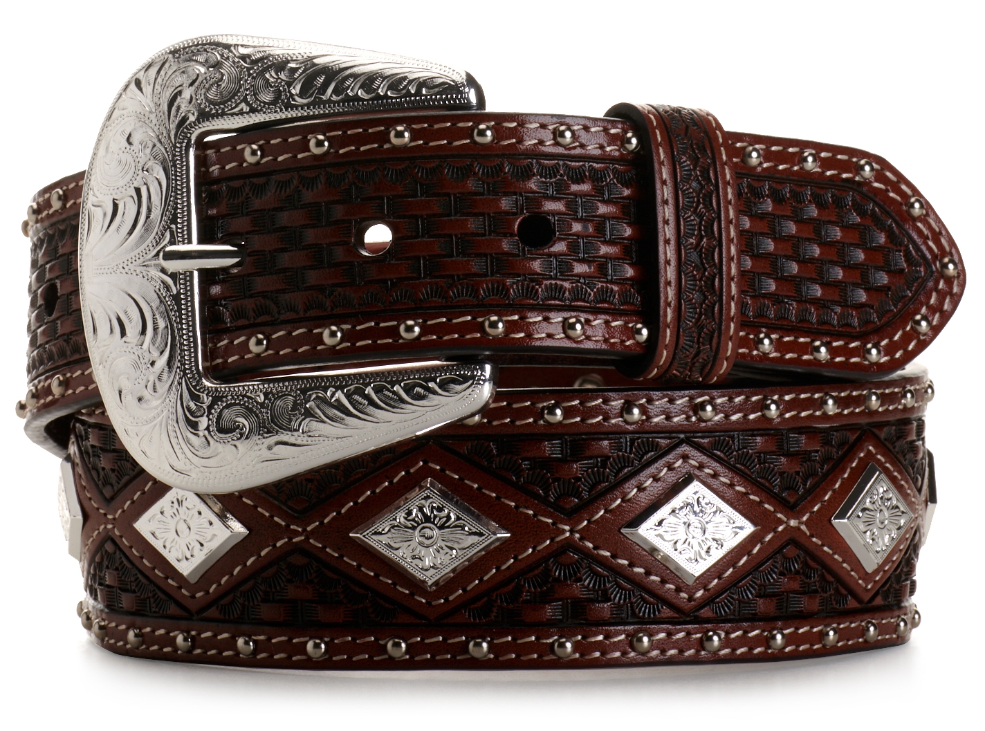Cowboy Chrome Men's Brown Basket Weave with Diamond Concho Western Belt - Image 1