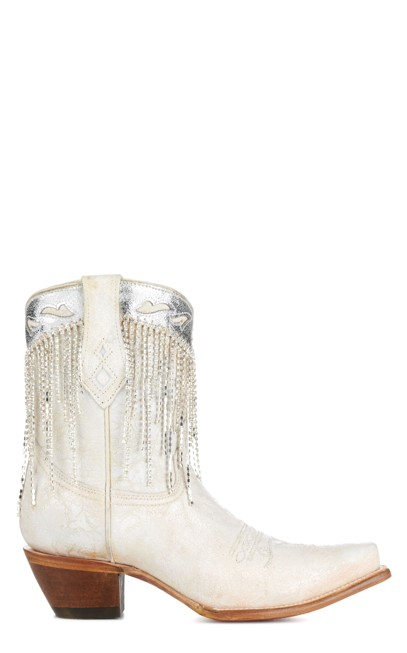 Corral Women's Distressed White with Crystal Fringe Snip Toe Cowboy Booties - Image 1