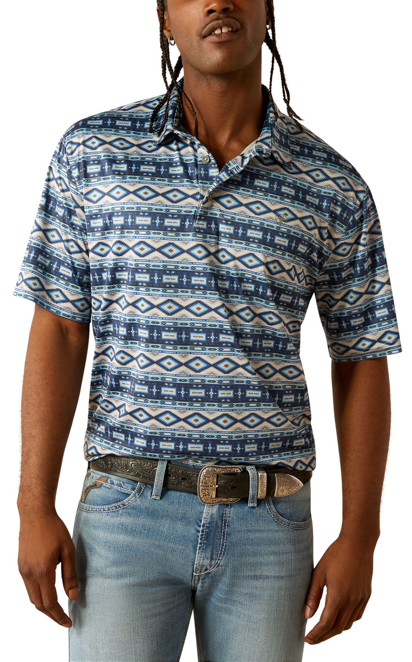 Ariat Men's AriatTEK Charger Gray Sky & Blue Aztec Polo Shirt - Image 1