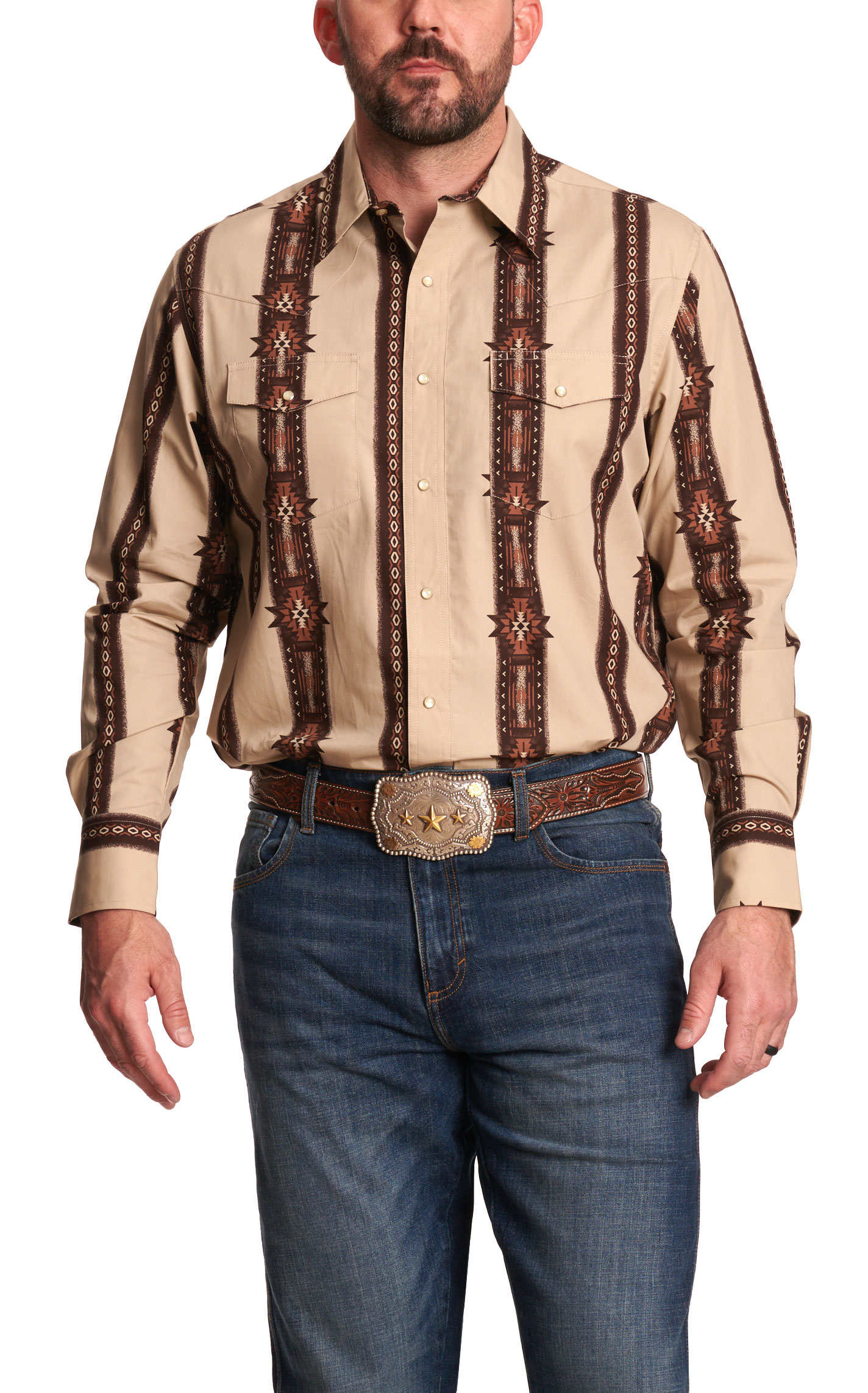 Checotah Men's Tan Aztec Print Western Shirt - Image 1