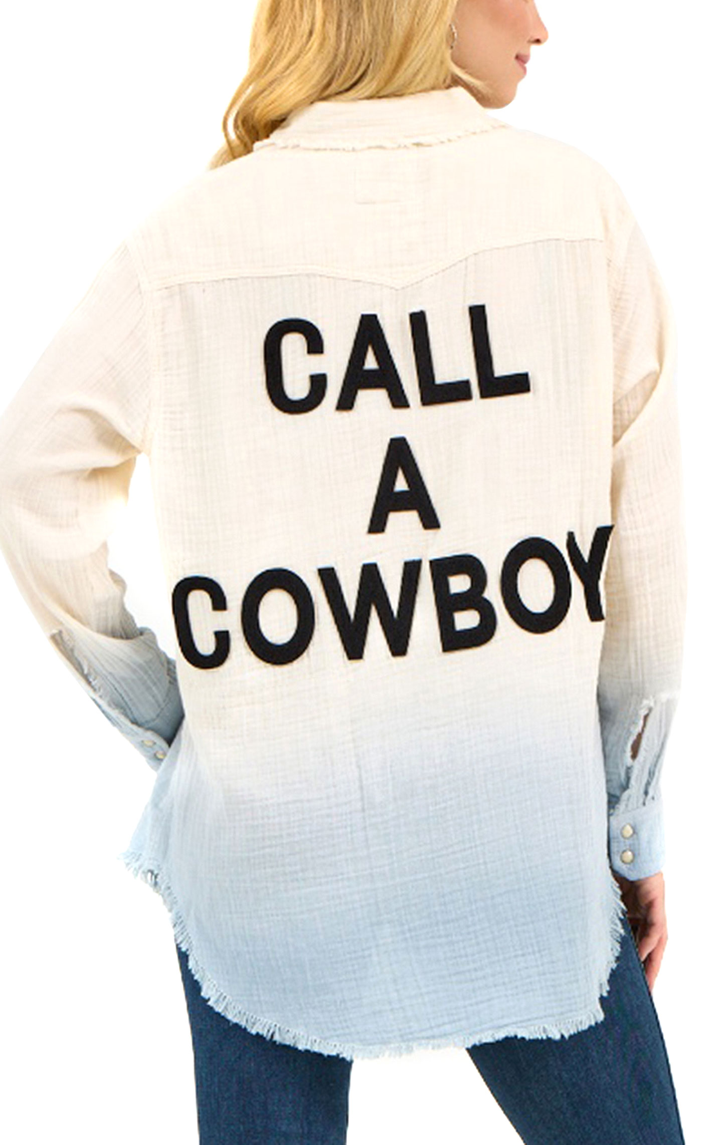 Wrangler X Lainey Wilson Women's White & Blue Dip Dye Call A Cowboy Top - Image 1