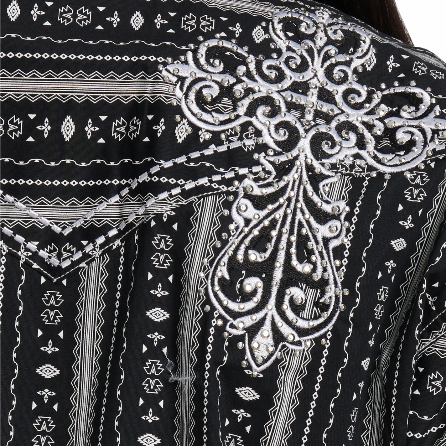 Cowgirl Hardware Women’s Black Striped Aztec Cross Western Shirt - Image 1
