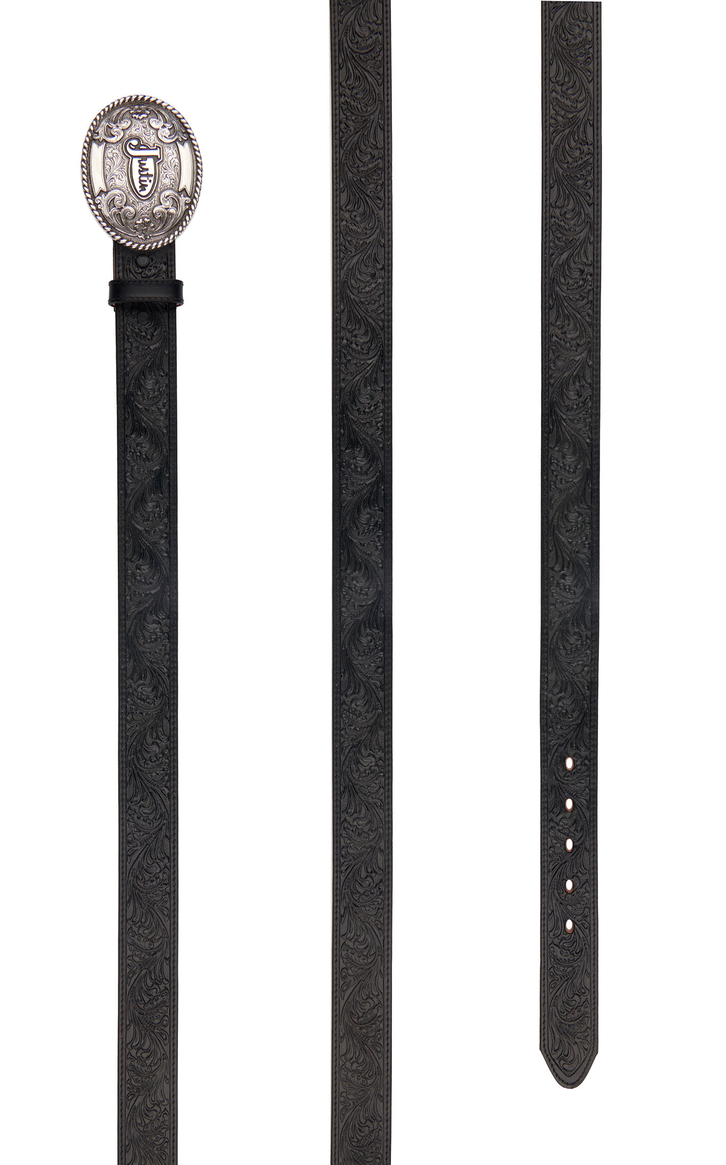 Justin Men's Black Tooled Leather with Silver Justin Logo Buckle Western Belt - Image 1