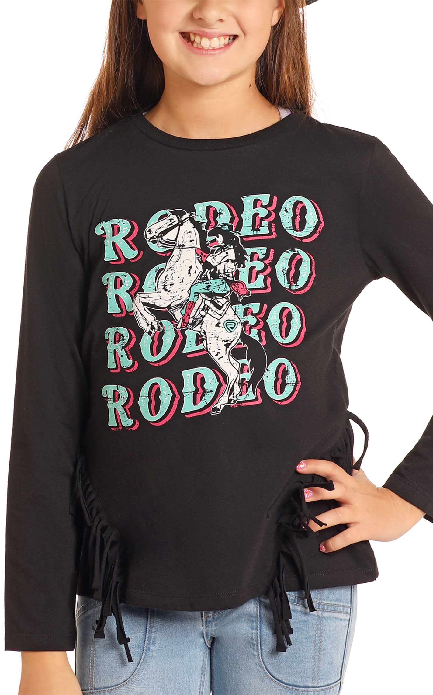 Rock & Roll Denim Girl's Black Rodeo Graphic Fringed T-Shirt - Image 1