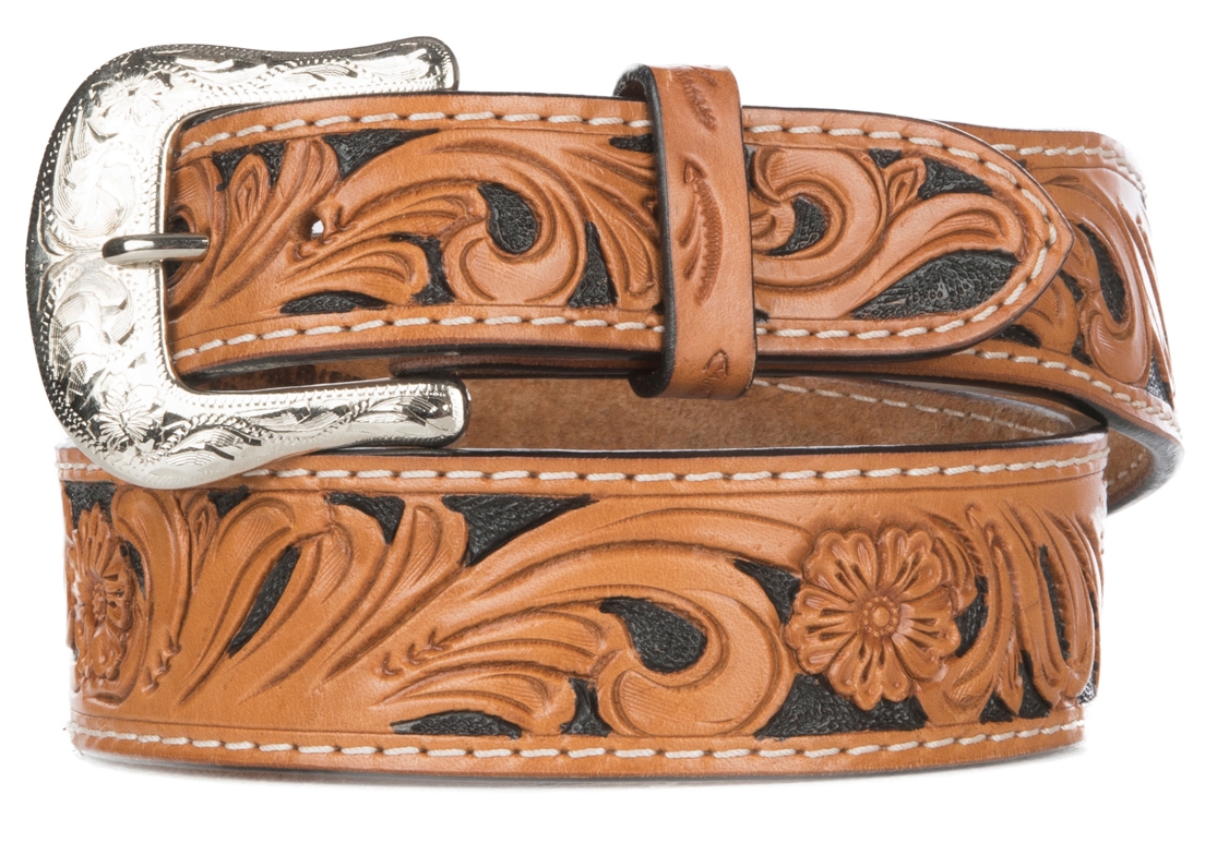 Twisted X Tan Leather Tooled Floral with Black Inlay Western Belt - Image 1