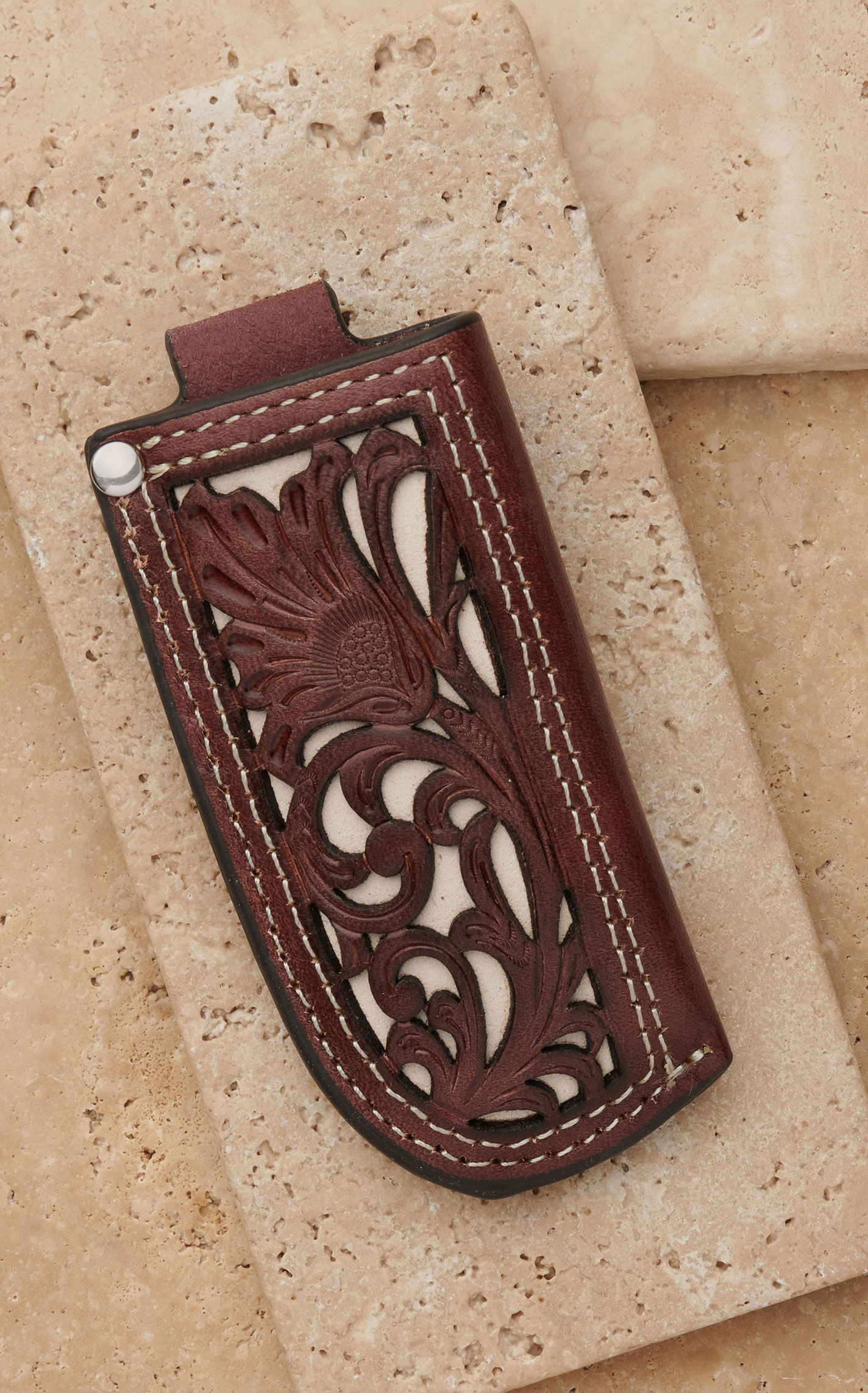 Nocona Brown with Chocolate Floral Tooled Leather and Ivory Inlay Knife Sheath - Image 1