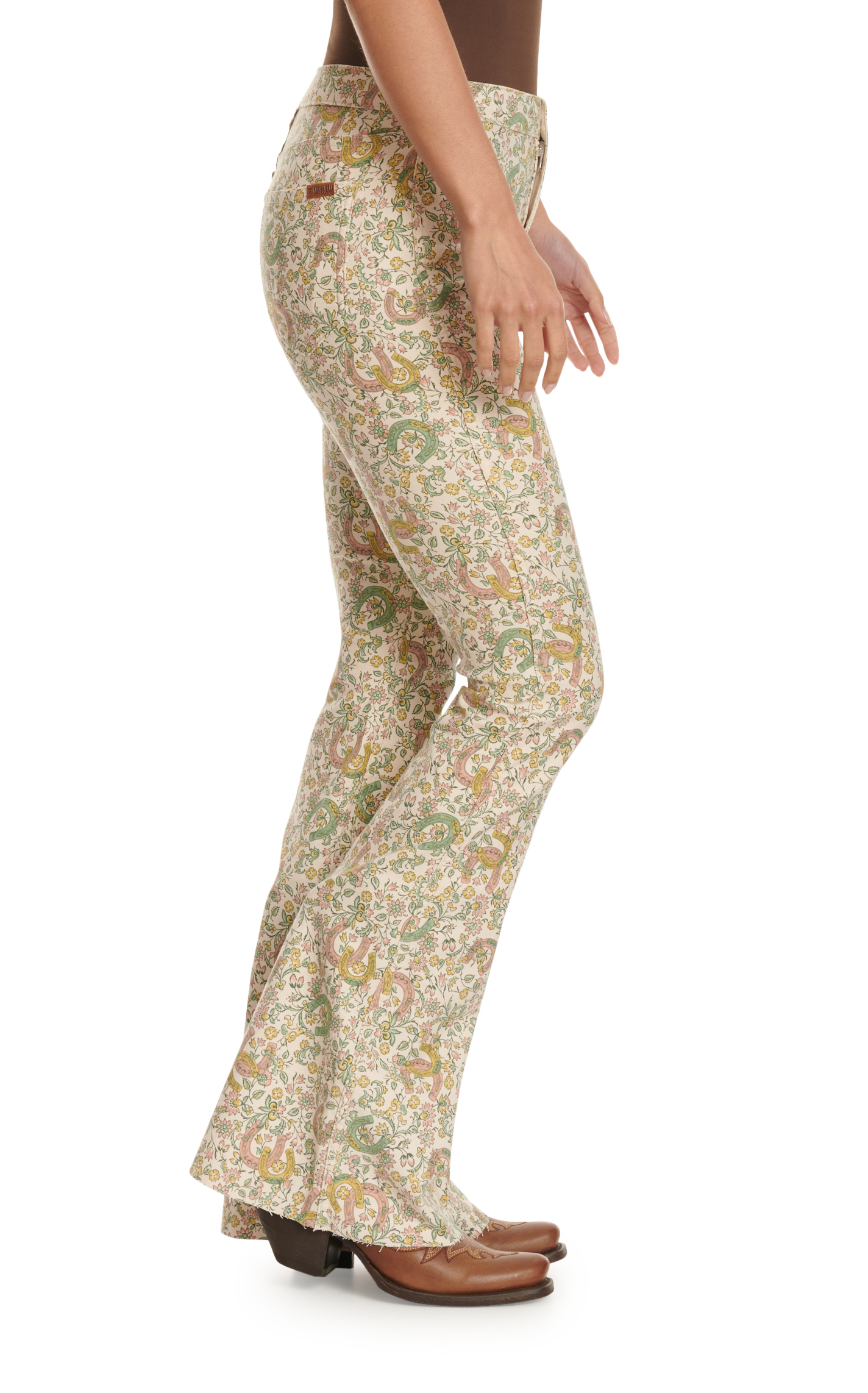 Rock & Roll Denim Women's Cream Floral Horseshoe Print Flare Reversible Jeans - Image 1