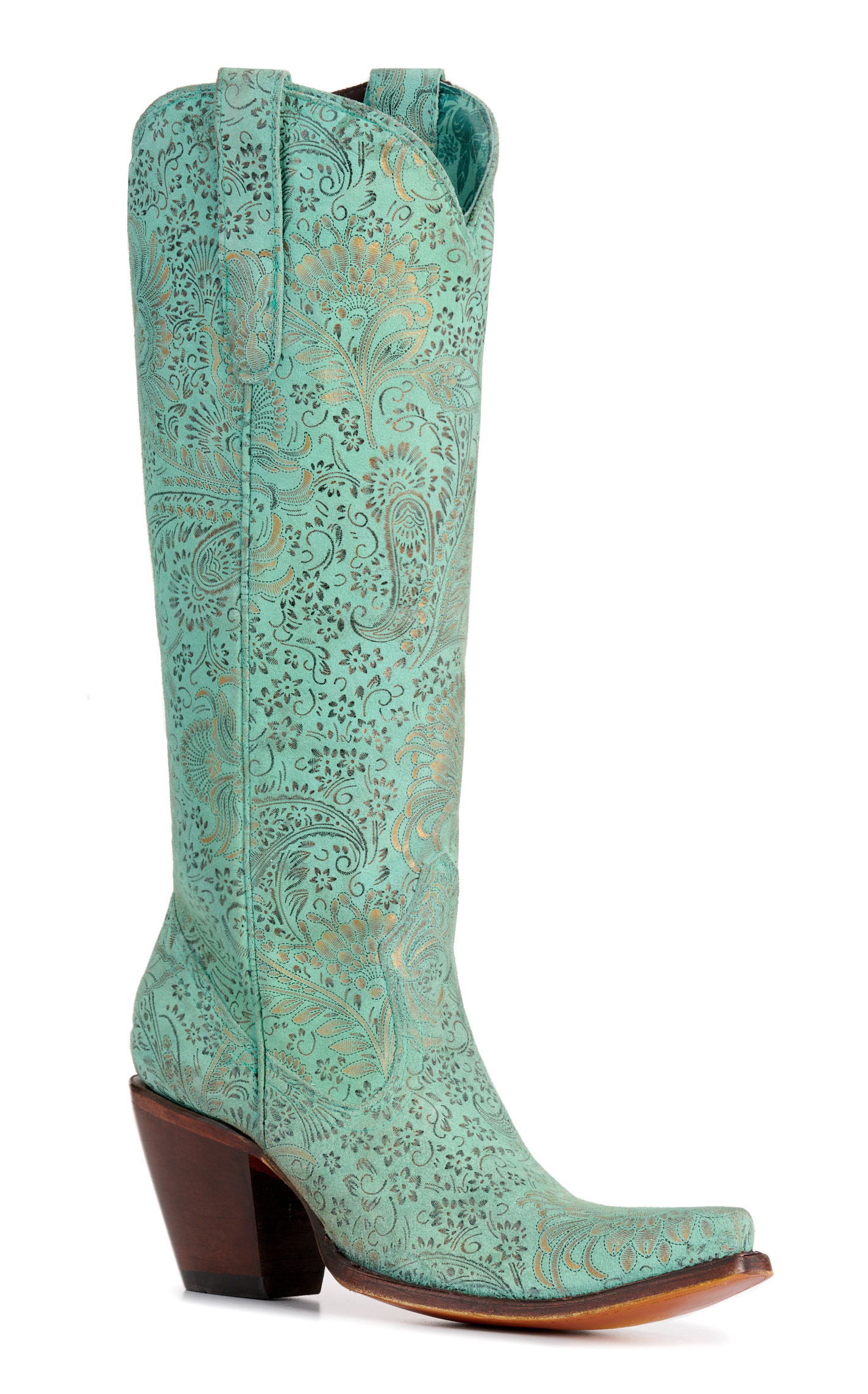 Corral Women's Turquoise with Gold Embossed Floral Print Snip Toe Cowboy Boots - Image 1