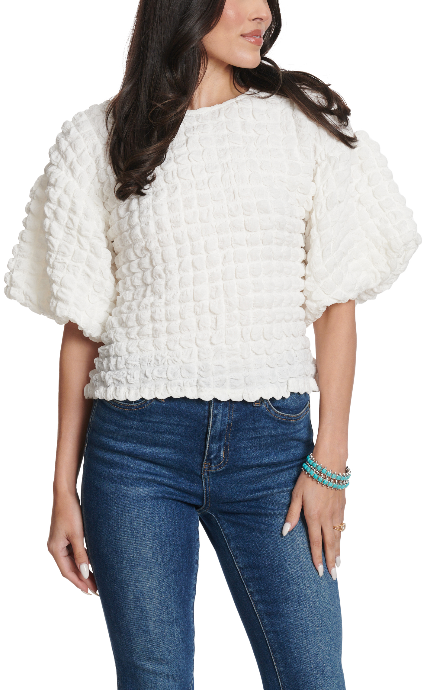 TCEC Women's White Puffed Squares & Sleeves Top - Image 1