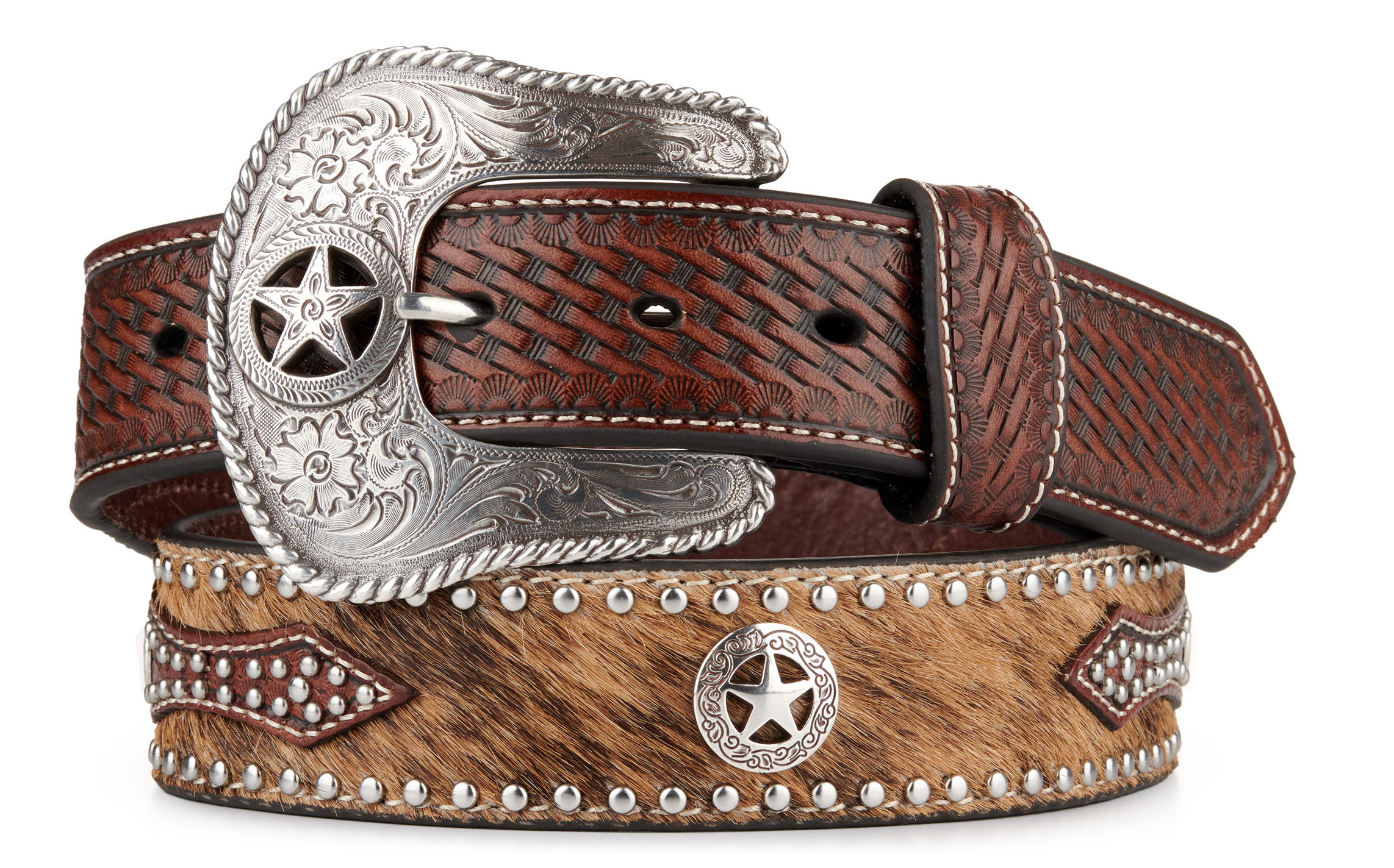 Nocona Men's Hair On Hide with Basketweave and Silver Star Conchos Western Belt - Image 1