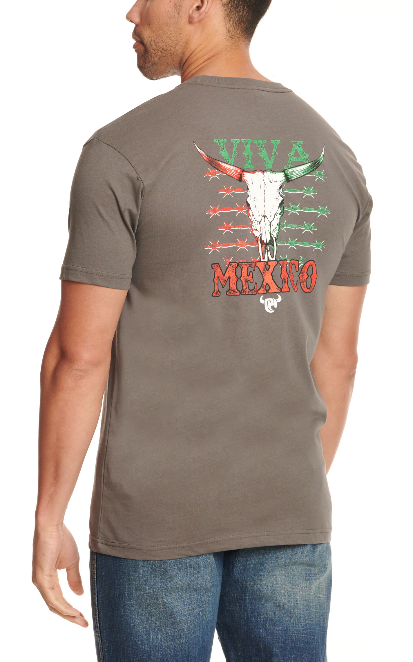 Cowboy Hardware Men's Gray Viva Mexico Skull & Barbed Wired Logo Graphic Short Sleeve T-Shirt - Image 1
