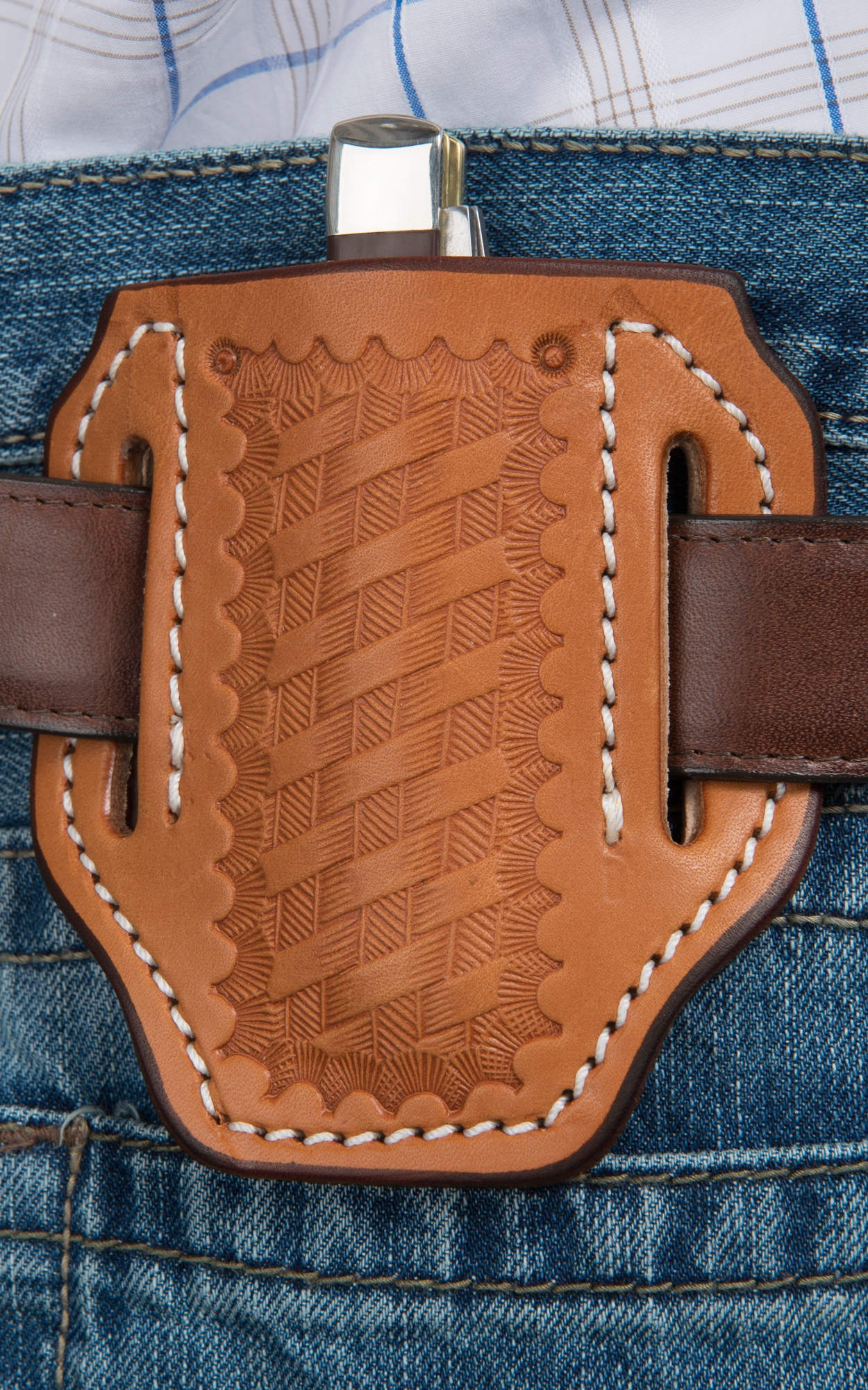 Slade Saddle Shop Basket Stamped Saddle Tan Leather Large Pancake Knife Sheath - Image 1