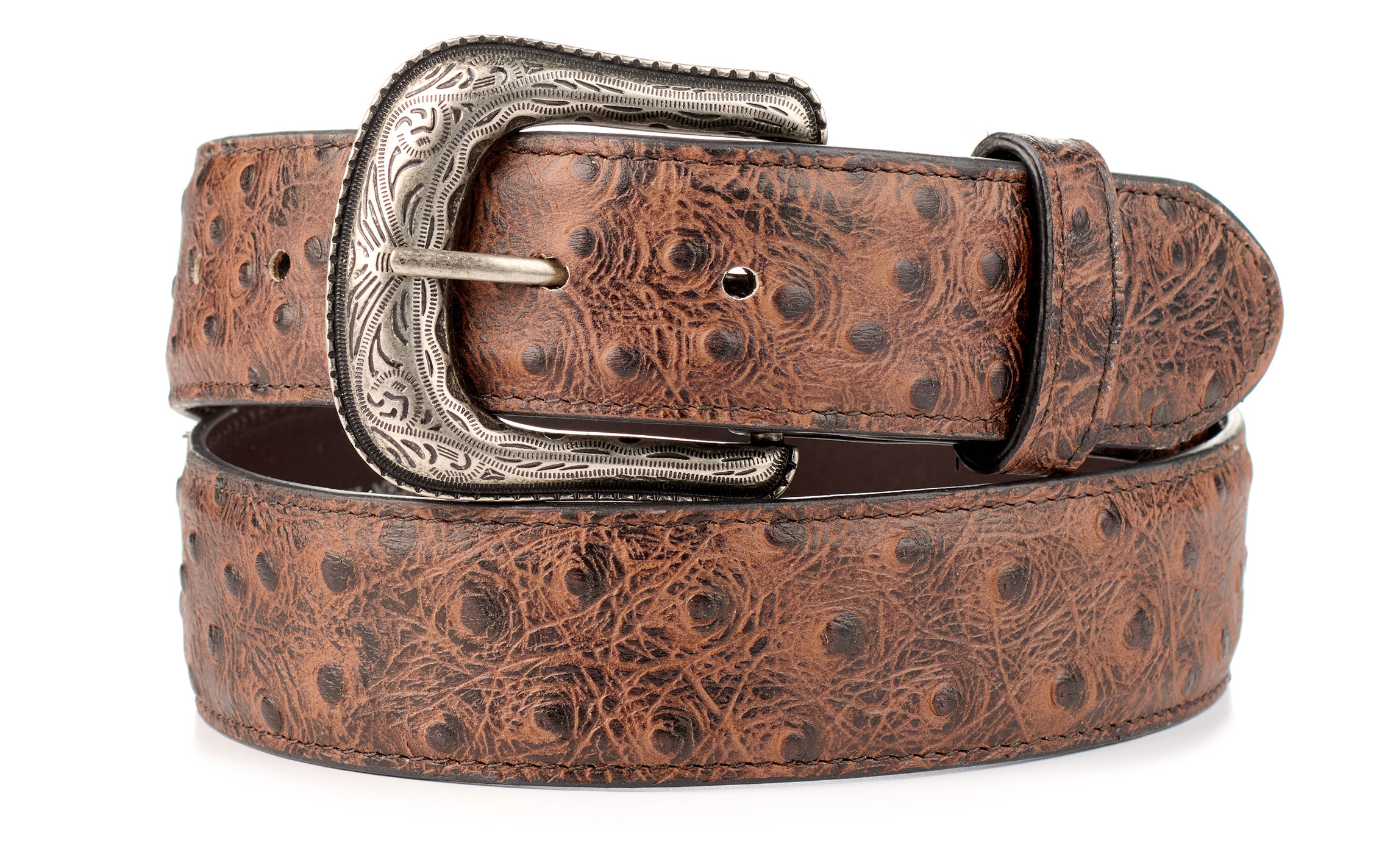 Cavender's Men's Chocolate Ostrich Print Western Belt - Image 1