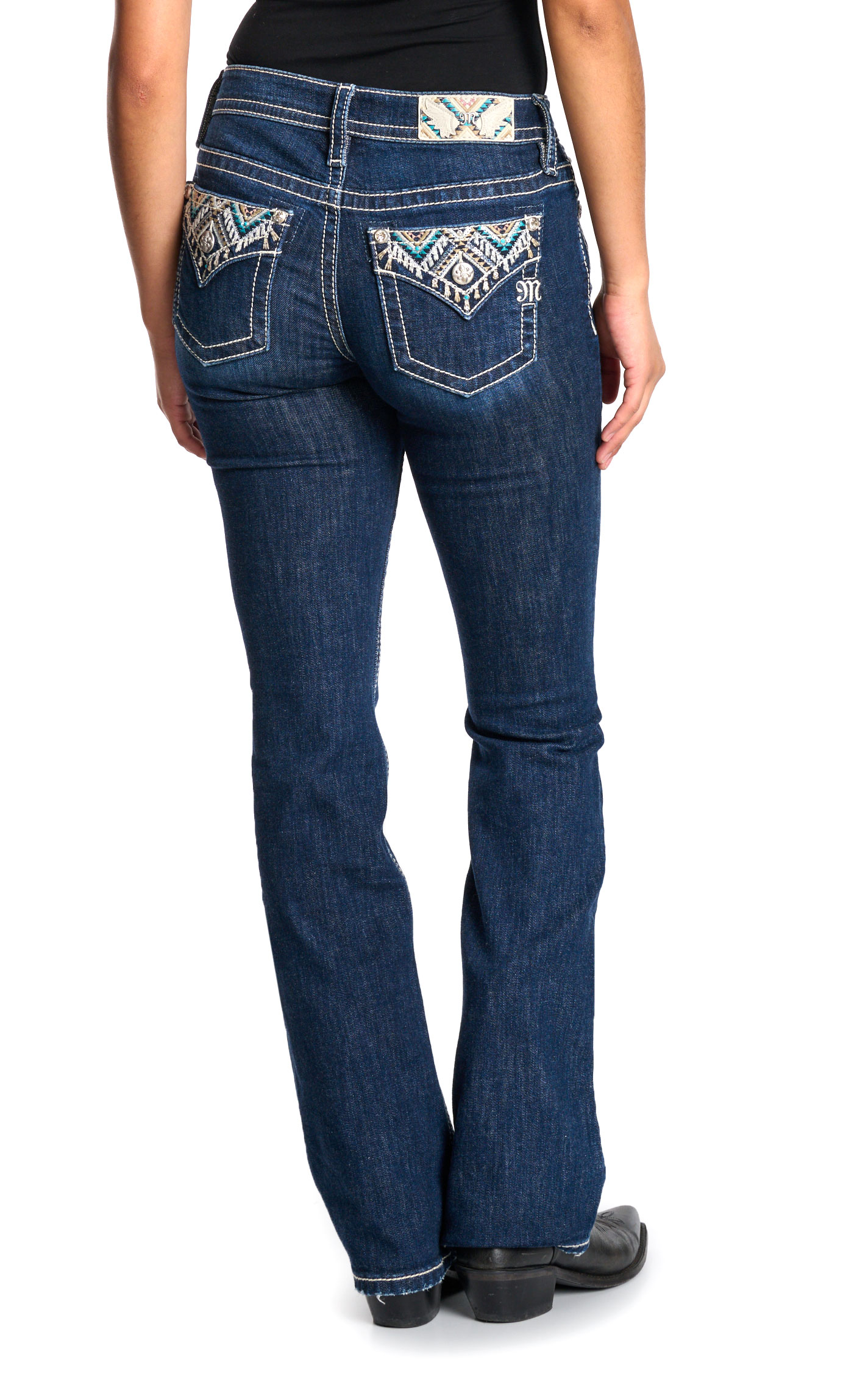 Miss Me Women's Dark Wash Aztec Embroidery Faux Flap Bootcut Jeans - 34\