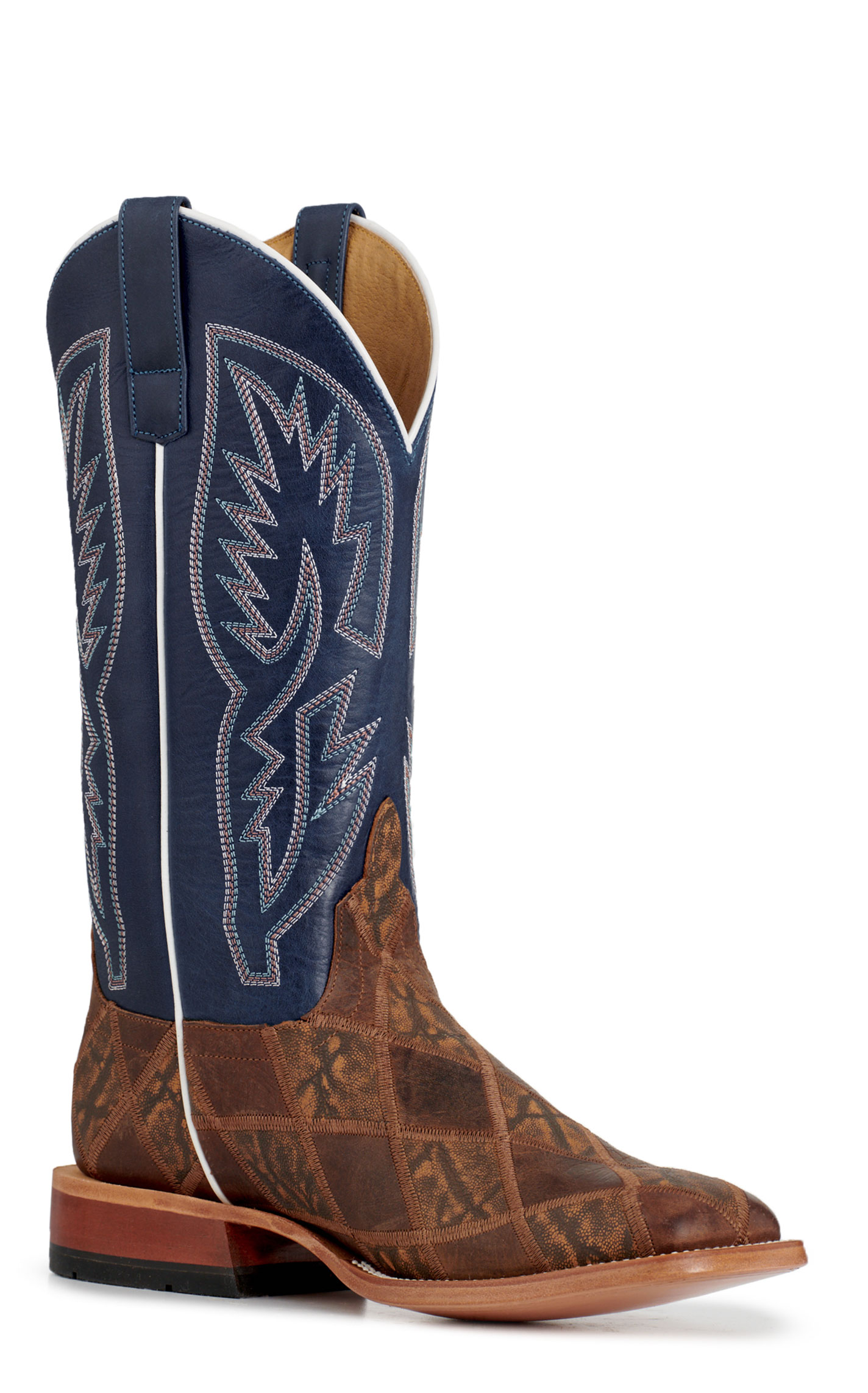 Anderson Bean Men's Horsepower Distressed Cognac Bison & Dark Blue Wide Square Toe Cowboy Boots - Image 1
