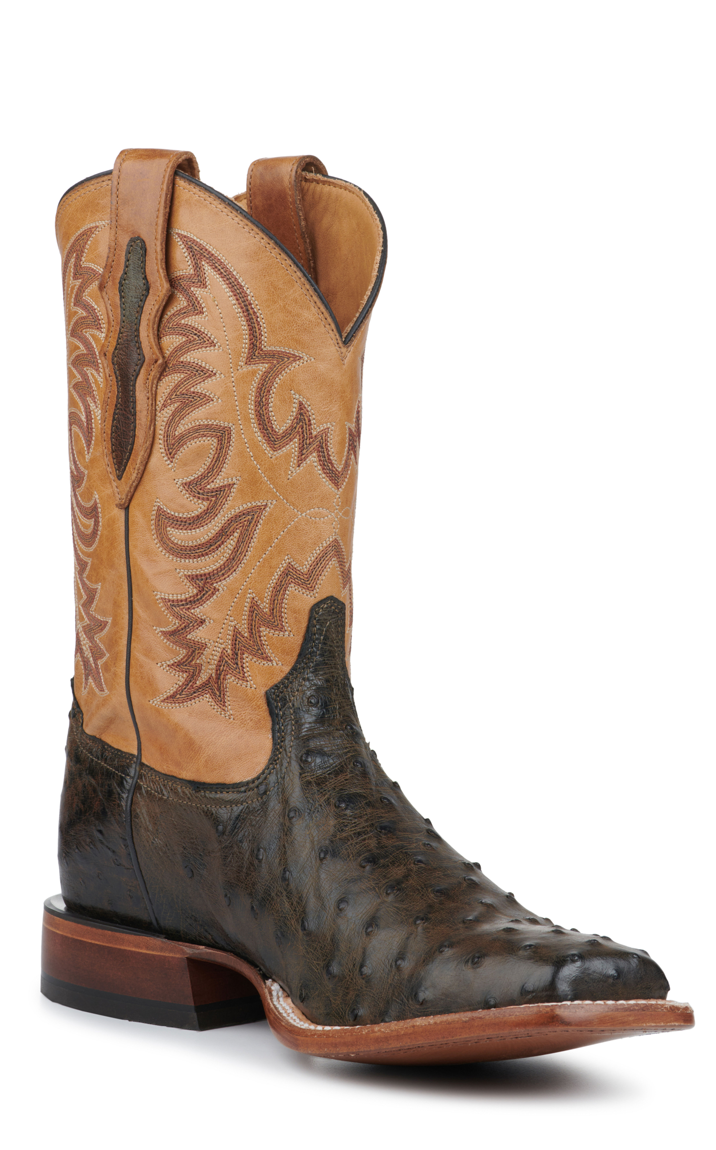 Tony Lama Men's Dark Brown Full Quill Ostrich and Tan Wide Square Toe Exotic Cowboy Boots - Cavender's Exclusive - Image 1