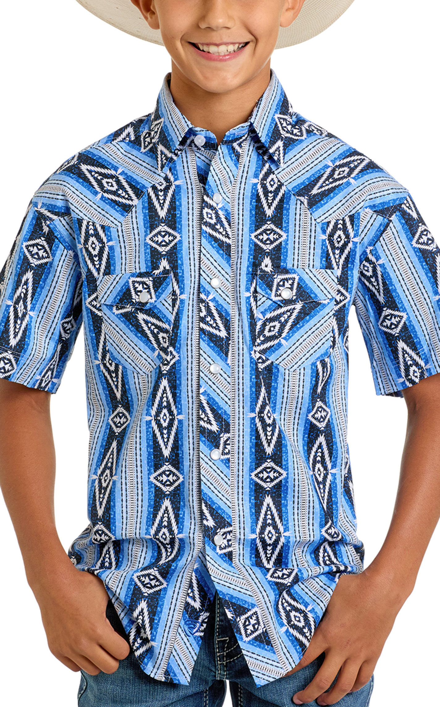Rock & Roll Denim Boy's Electric Blue Stripe & Aztec Print Western Shirt - Image 1