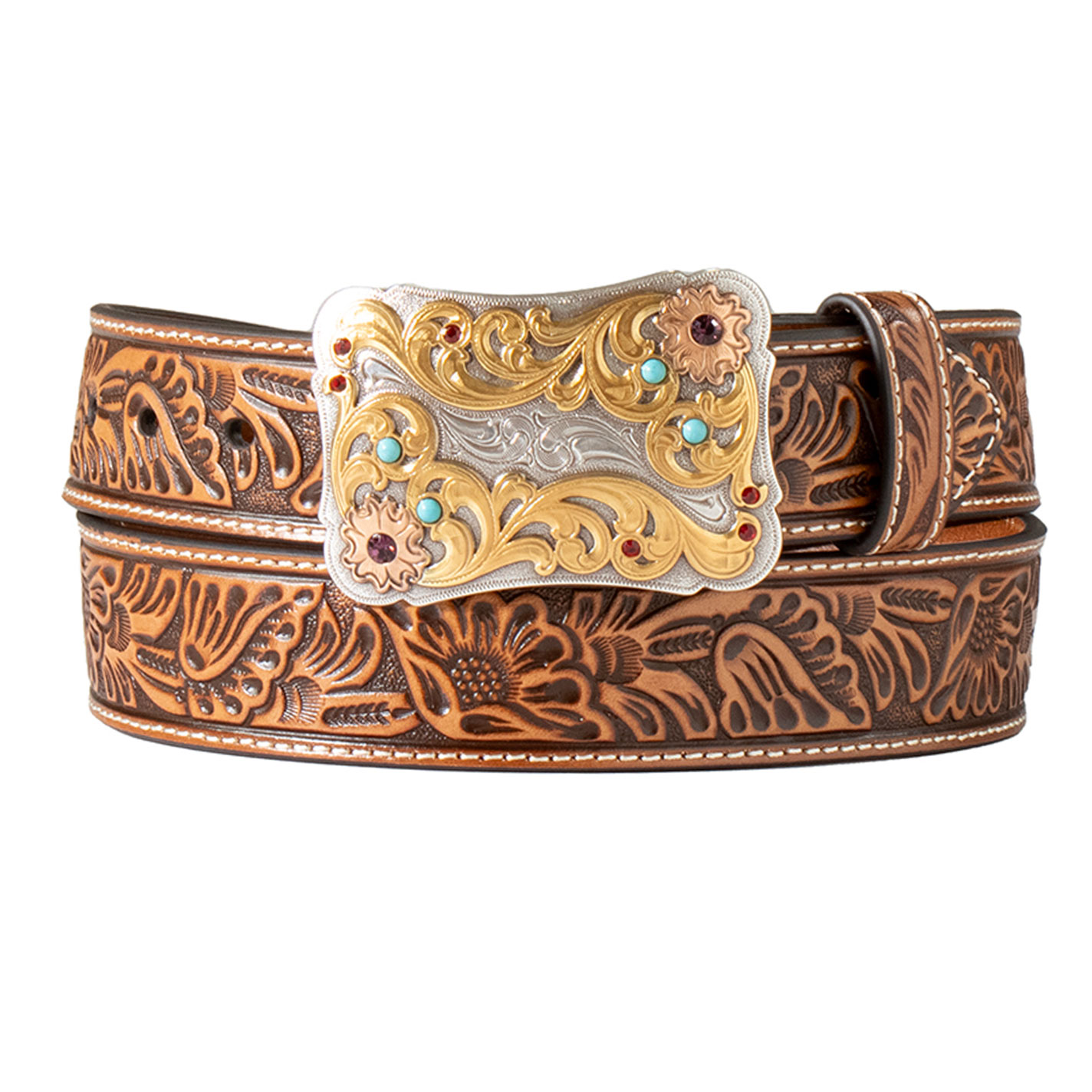 Nocona Ladies’ Tan Floral Tooled Leather with Filigree Gold Buckle Belt - Image 1