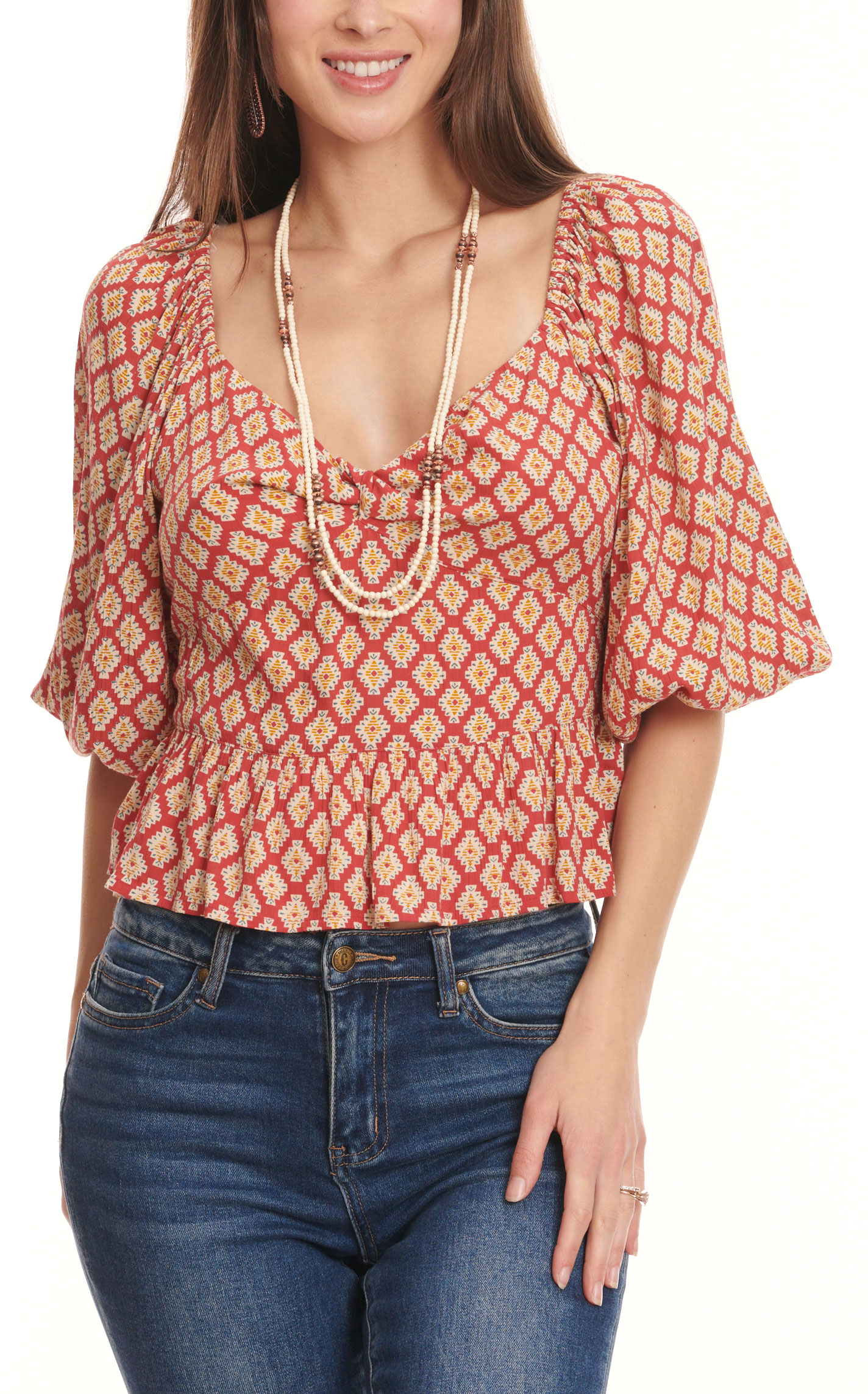 Rockin C Women's Salmon & Aztec Diamond Print short Angel Sleeve Top - Image 1
