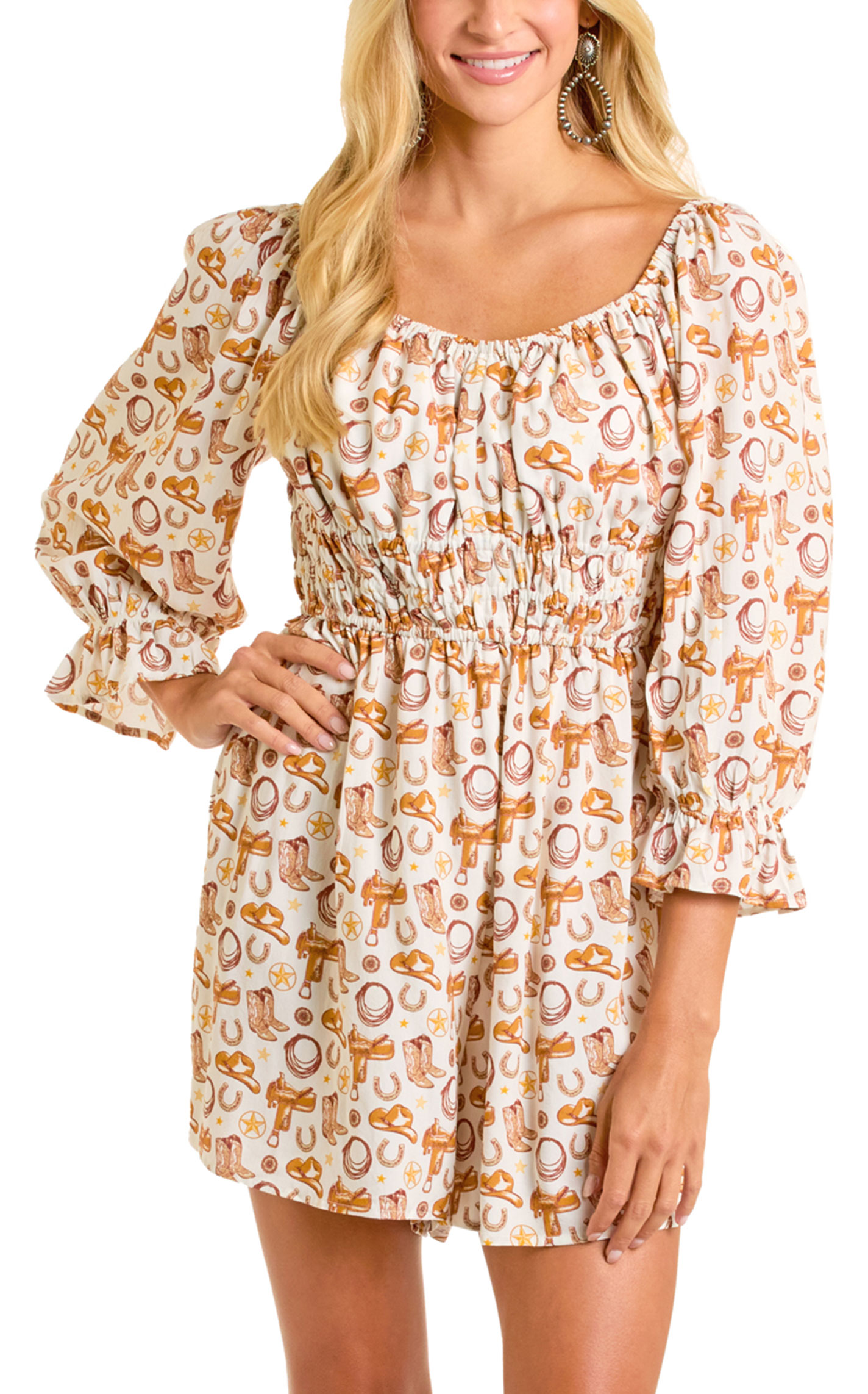 Rock & Roll Denim Women's White & Multi Western Print Romper - Image 1