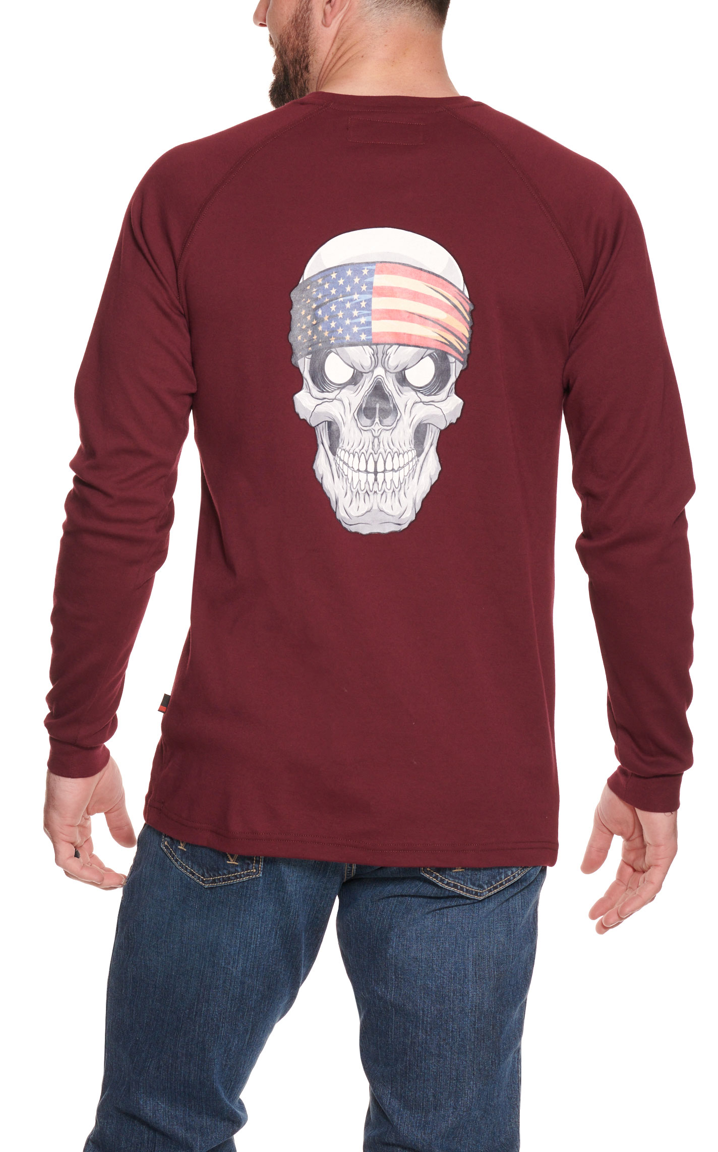 Forge Men's Burgundy with Flag Bandana Skull Graphic Back Long Sleeve FR Work T-Shirt - Image 1