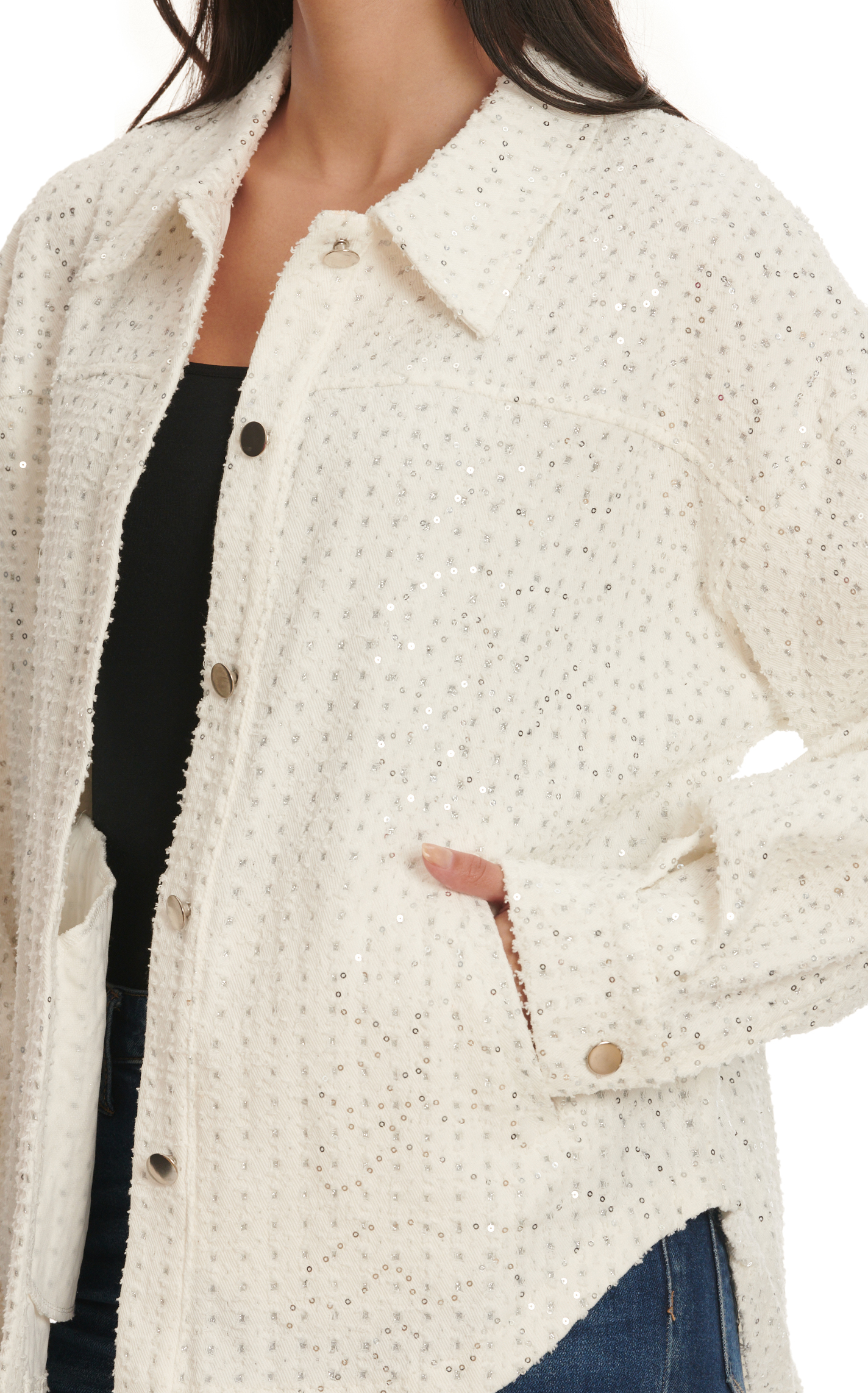 Mainstrip Women's White Fully Covered with Silver Sequins & Crystals Long Sleeve Top - Image 1