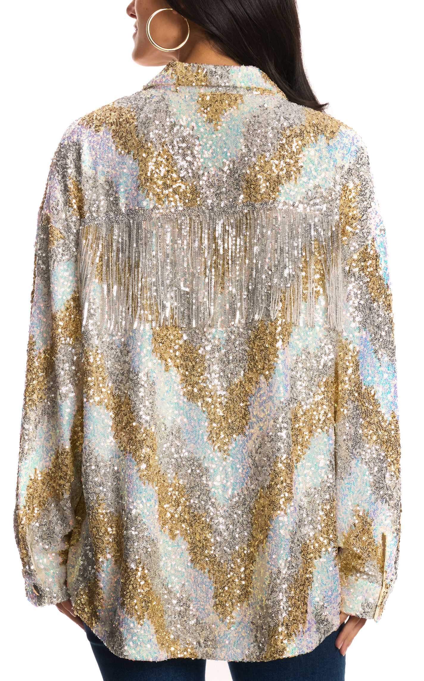 Miss Me Women's Gold & Iridescent Sequin Fringed Jacket - Image 1