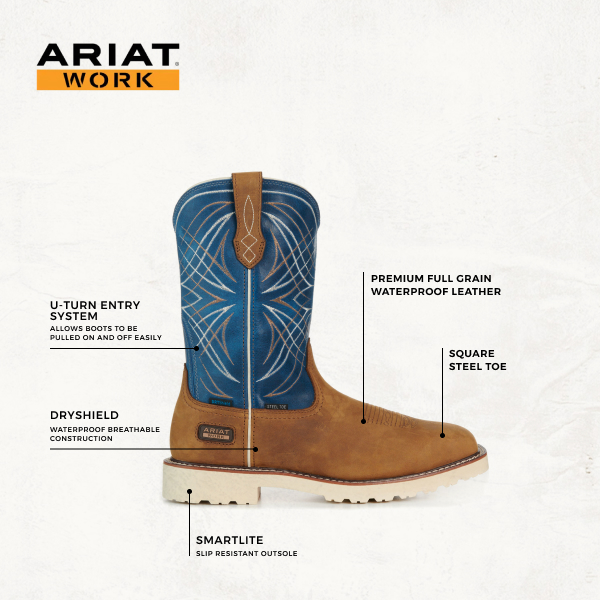Ariat Men’s Activator Brown and Blue Waterproof Wide Square Steel Toe Work Boots - Image 1